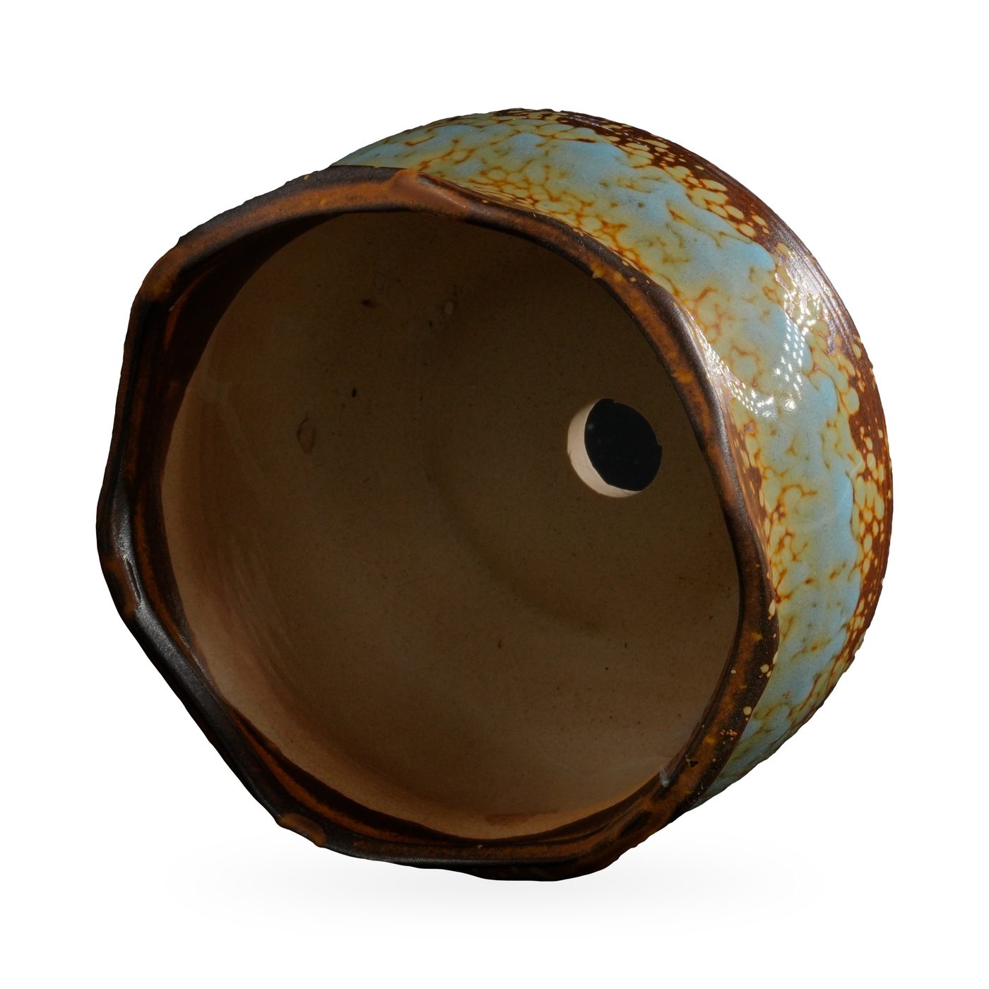 Low wavy-rim pot with a glossy sky-blue band over brown and ochre-yellow speckled glaze – view 3