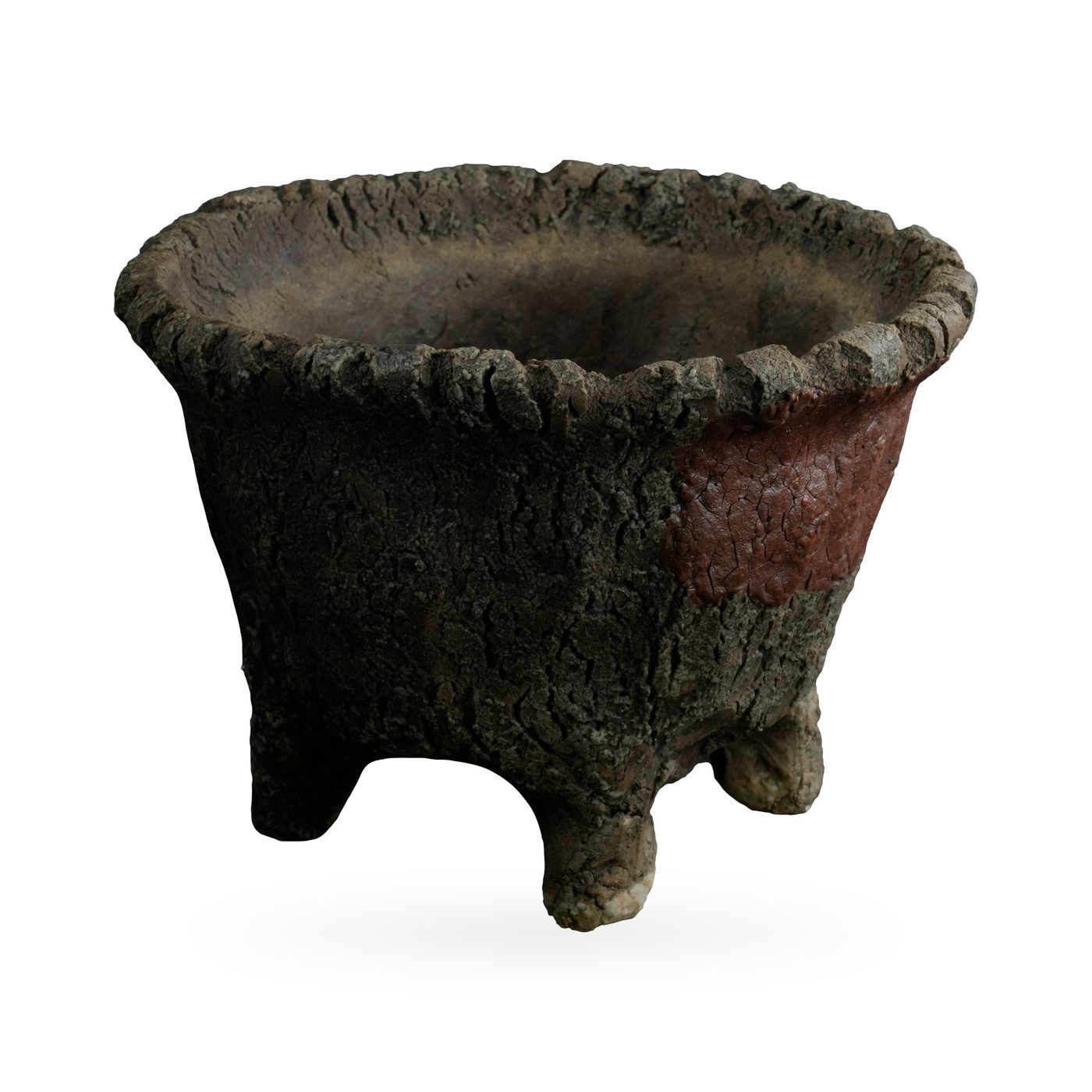 Round charcoal bark-texture footed pot with a terracotta-red accent patch, 12×8cm – view 2