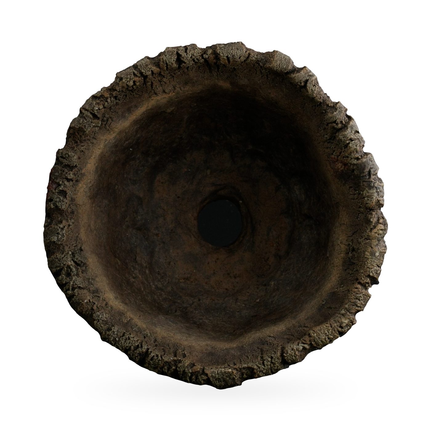 Round charcoal bark-texture footed pot with a terracotta-red accent patch, 12×8cm – view 3