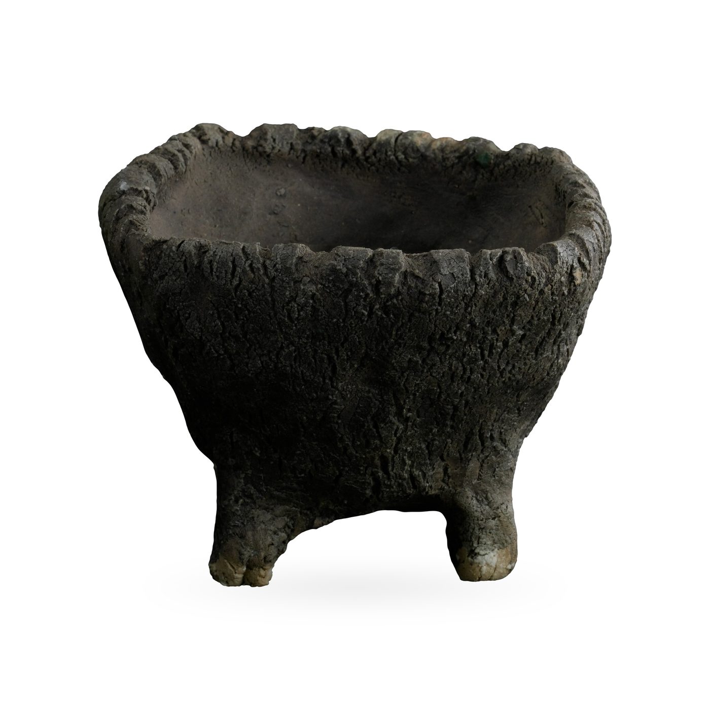 Charcoal rock-texture footed pot with a soft rounded-square rim, 11.5×8.5cm