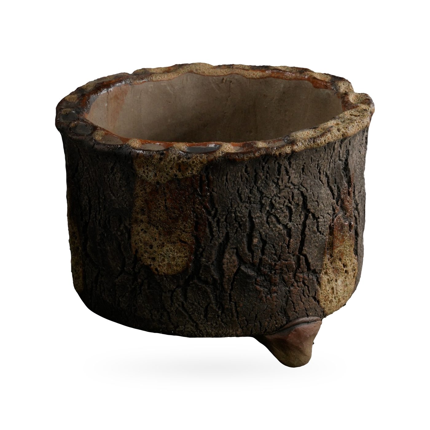 Round dark brown bark-texture footed pot with olive glaze drips and a scalloped rim – view 2