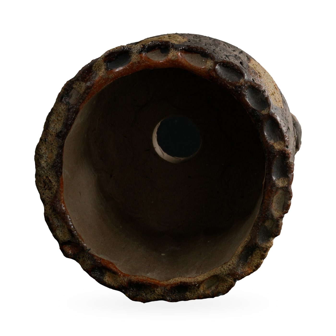 Round dark brown bark-texture footed pot with olive glaze drips and a scalloped rim – view 3