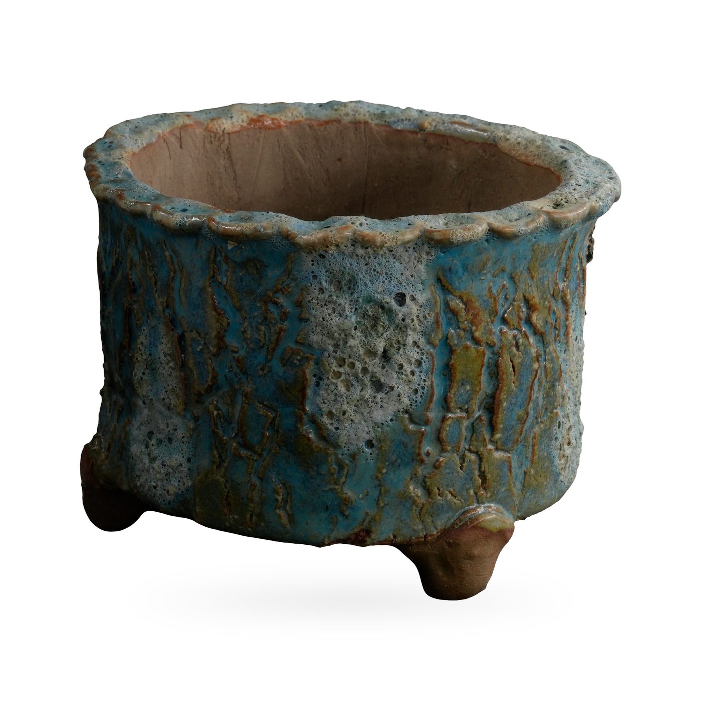 Round turquoise and teal bark-texture footed pot with pale lava-style glaze patches – view 2