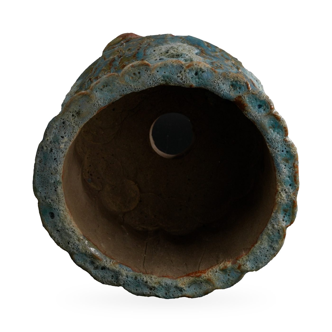 Round turquoise and teal bark-texture footed pot with pale lava-style glaze patches – view 3
