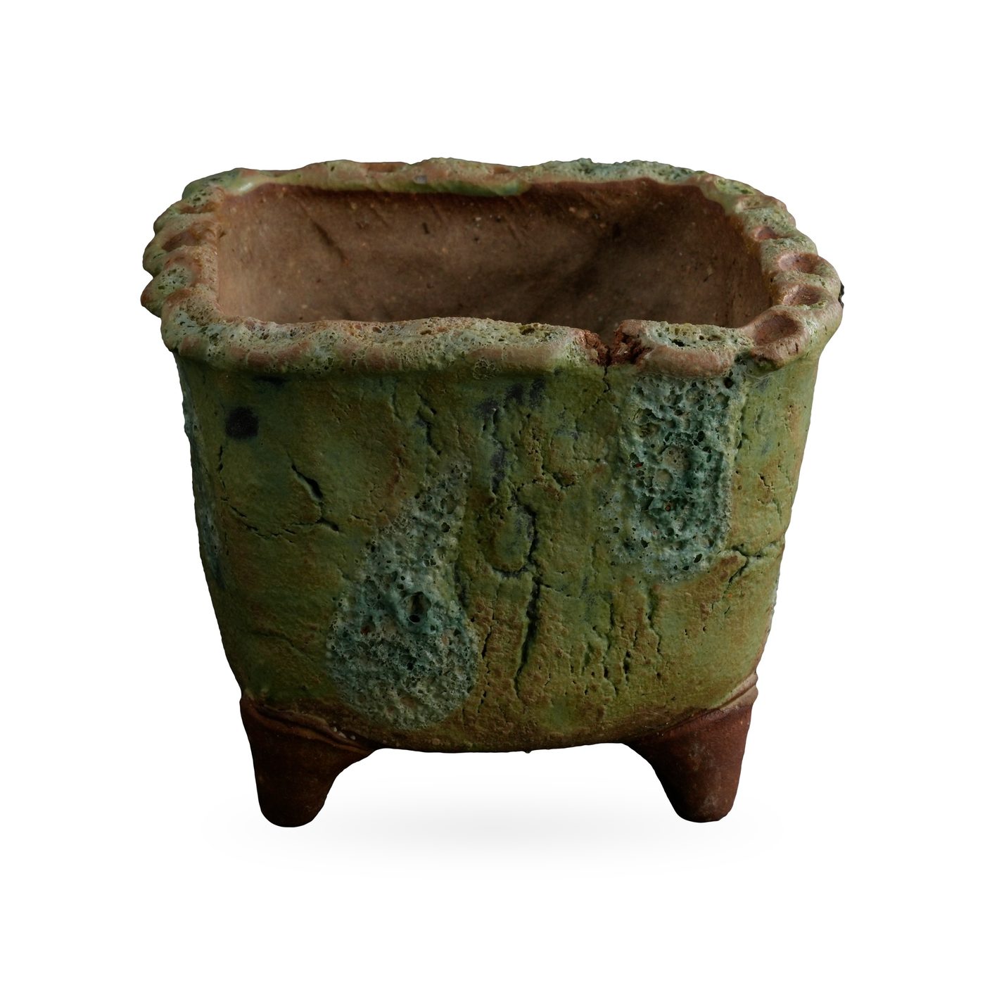 Square moss-green bark-texture footed pot with blue-green lava-style patches
