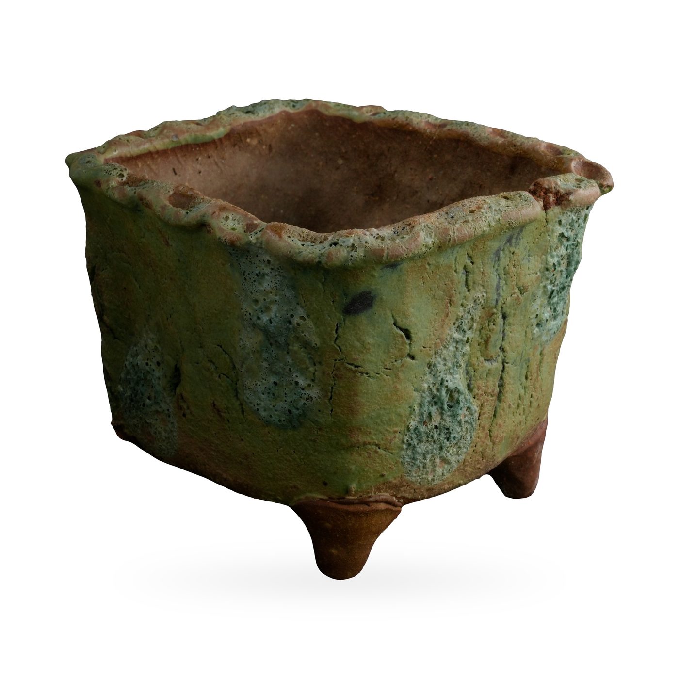 Square moss-green bark-texture footed pot with blue-green lava-style patches – view 2
