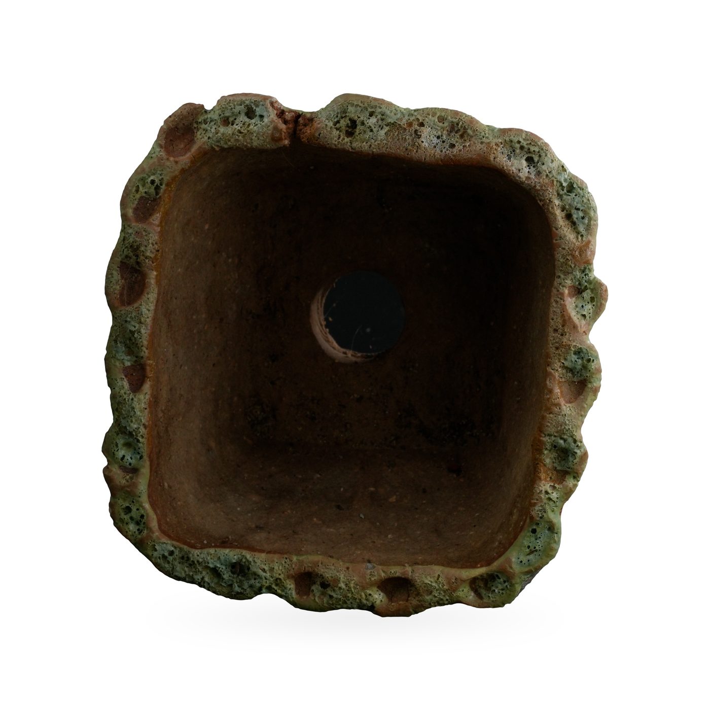 Square moss-green bark-texture footed pot with blue-green lava-style patches – view 3