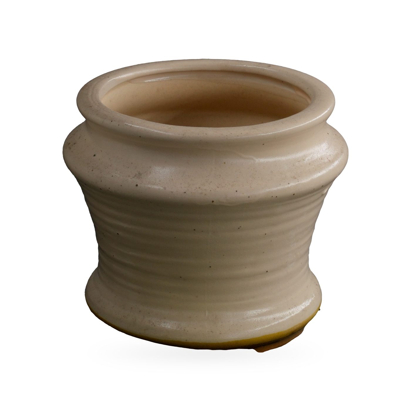 Small waisted cream glazed pot with fine dark speckles and horizontal ribbing – view 2