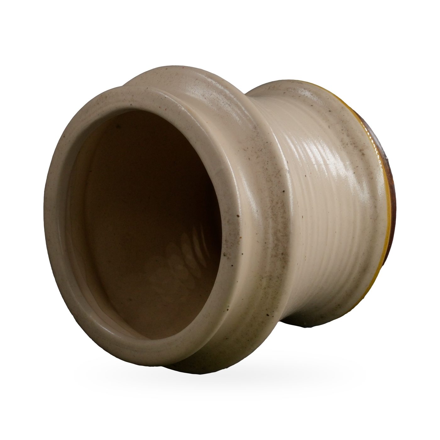 Small waisted cream glazed pot with fine dark speckles and horizontal ribbing – view 3