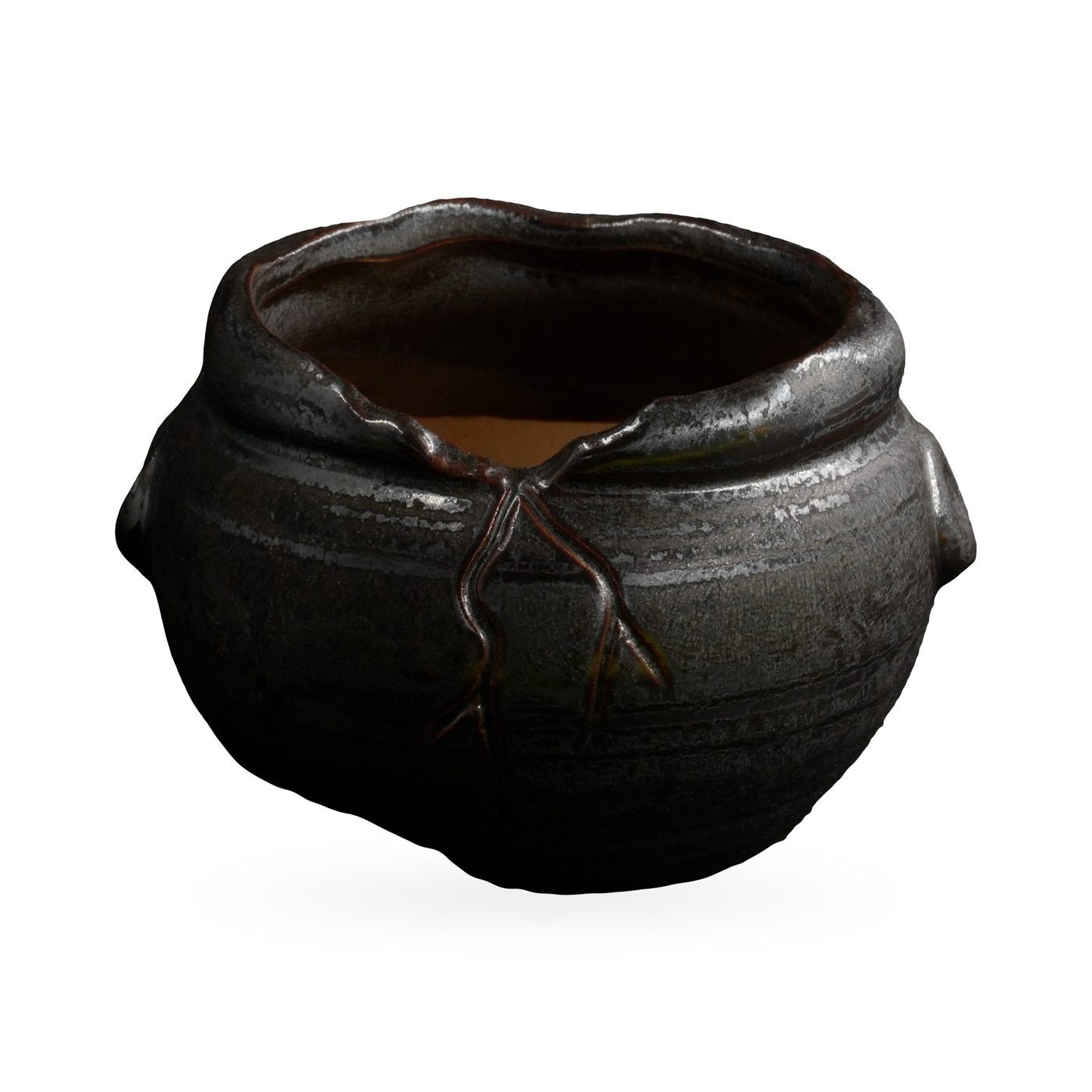 Round glossy black glazed pot with raised brown branch relief and side lug knobs