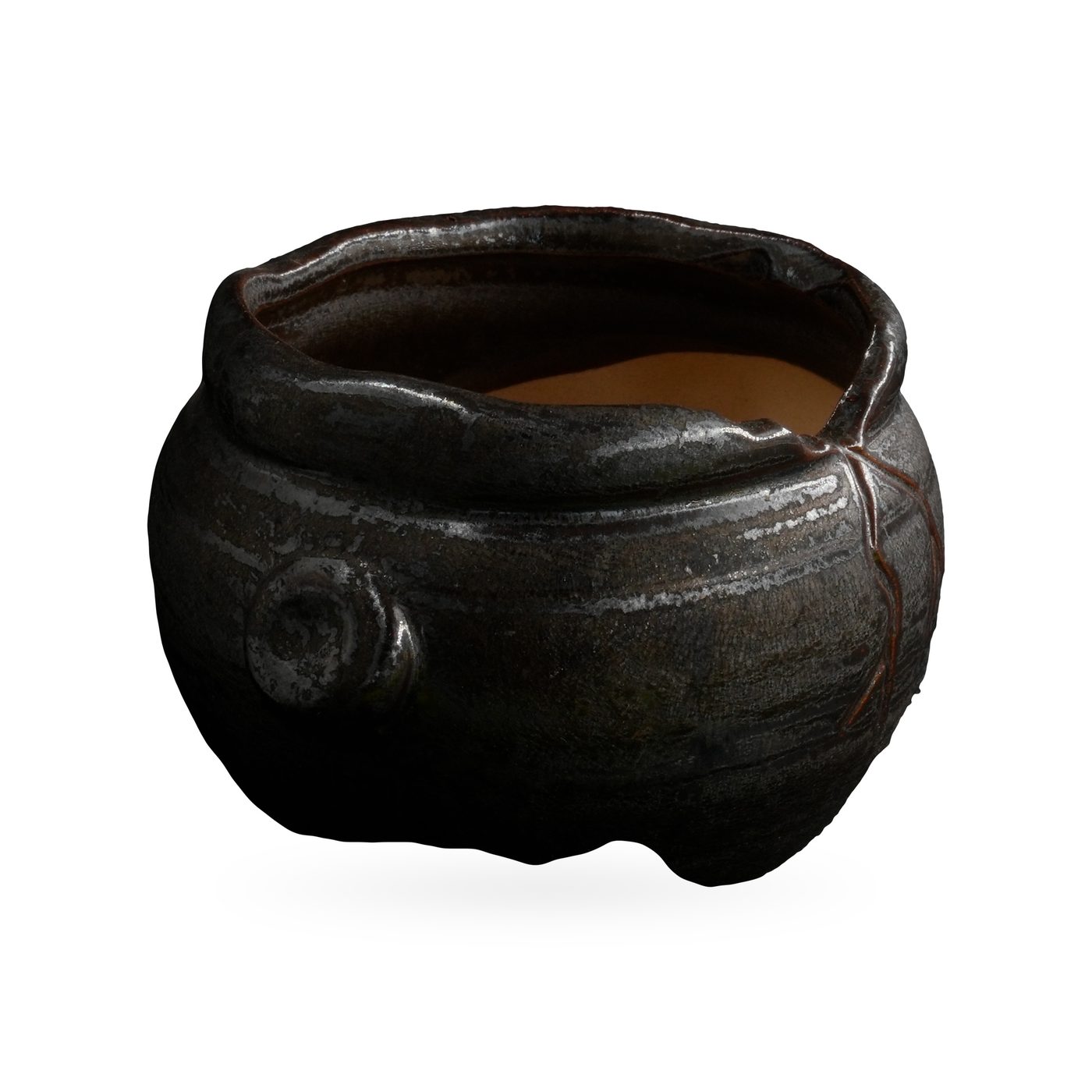 Round glossy black glazed pot with raised brown branch relief and side lug knobs – view 2
