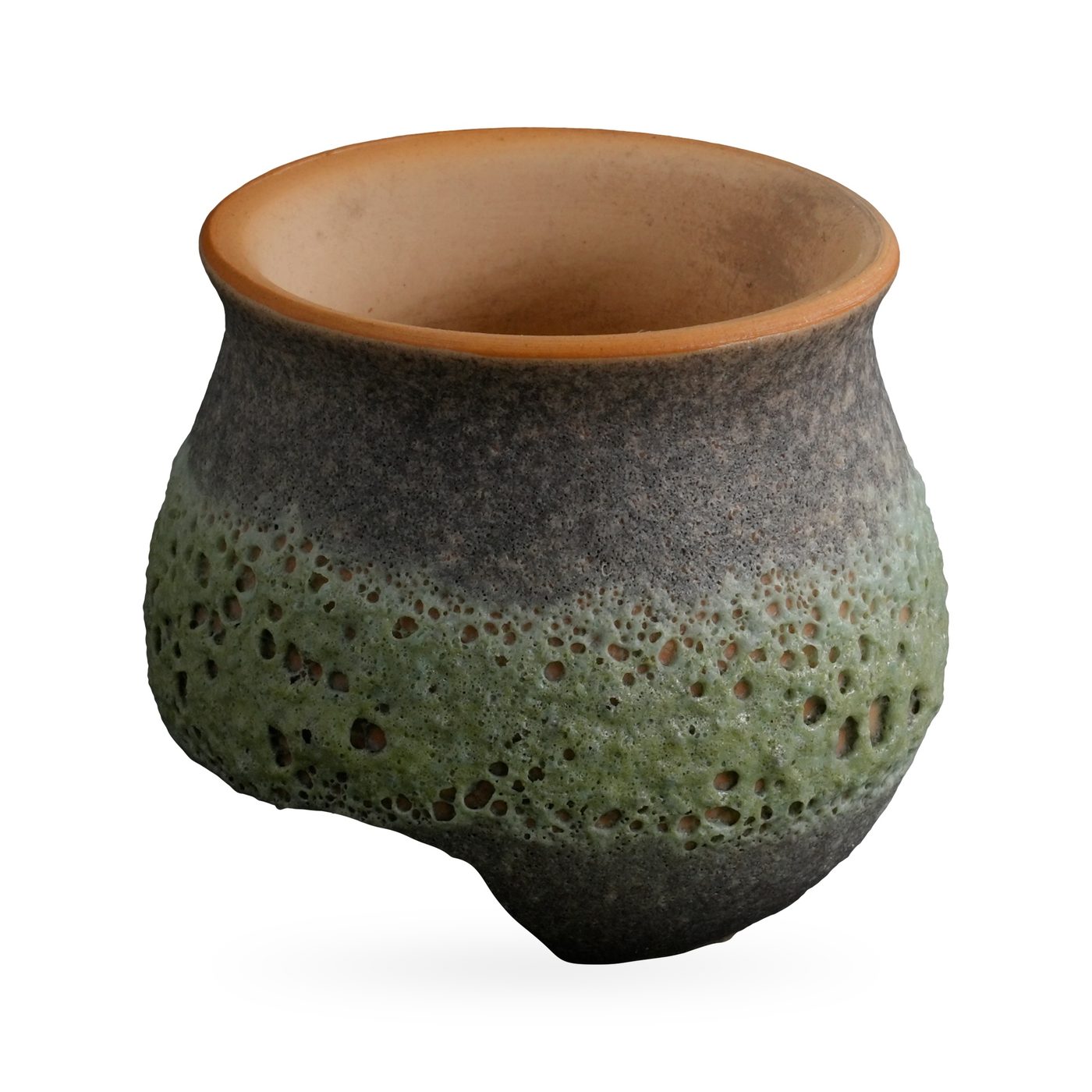 Small rounded pot with moss-green lava-style glaze, grey bands and a terracotta rim – view 2