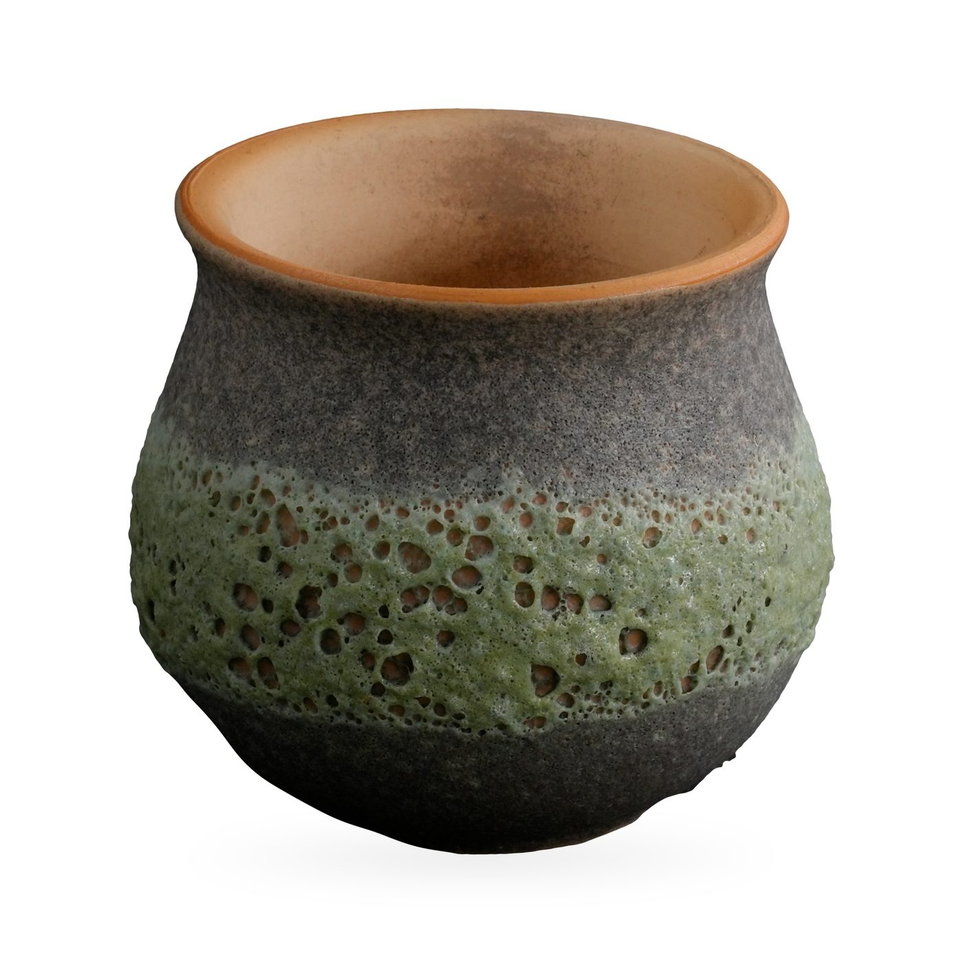 Small rounded pot with moss-green lava-style glaze, grey bands and a terracotta rim