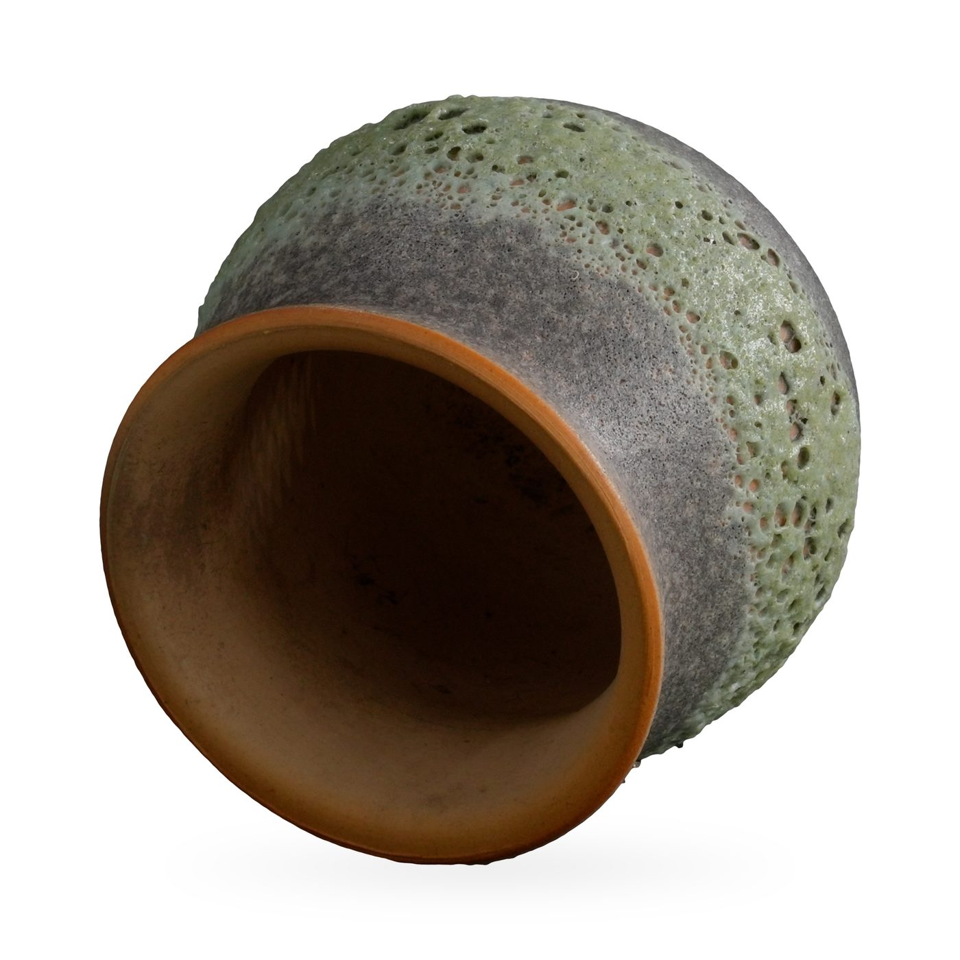Small rounded pot with moss-green lava-style glaze, grey bands and a terracotta rim – view 3