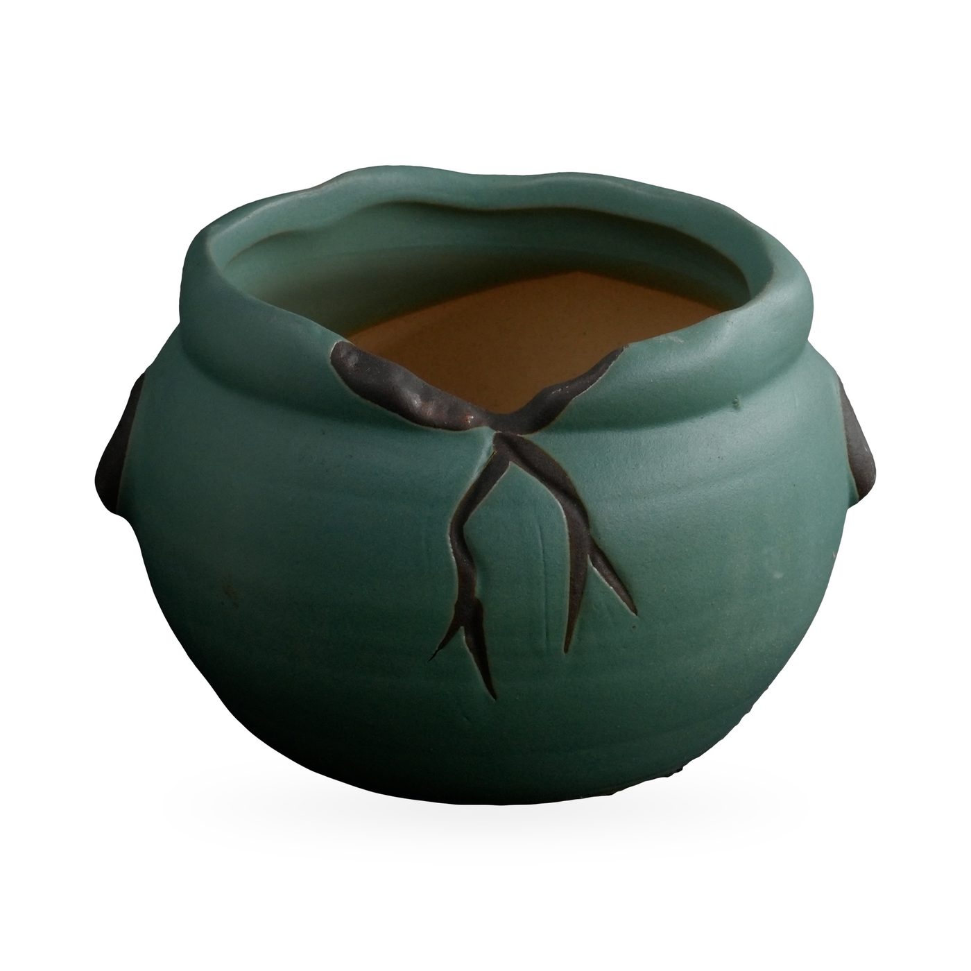 Round matte teal glazed pot with raised dark brown branch relief and side lug knobs