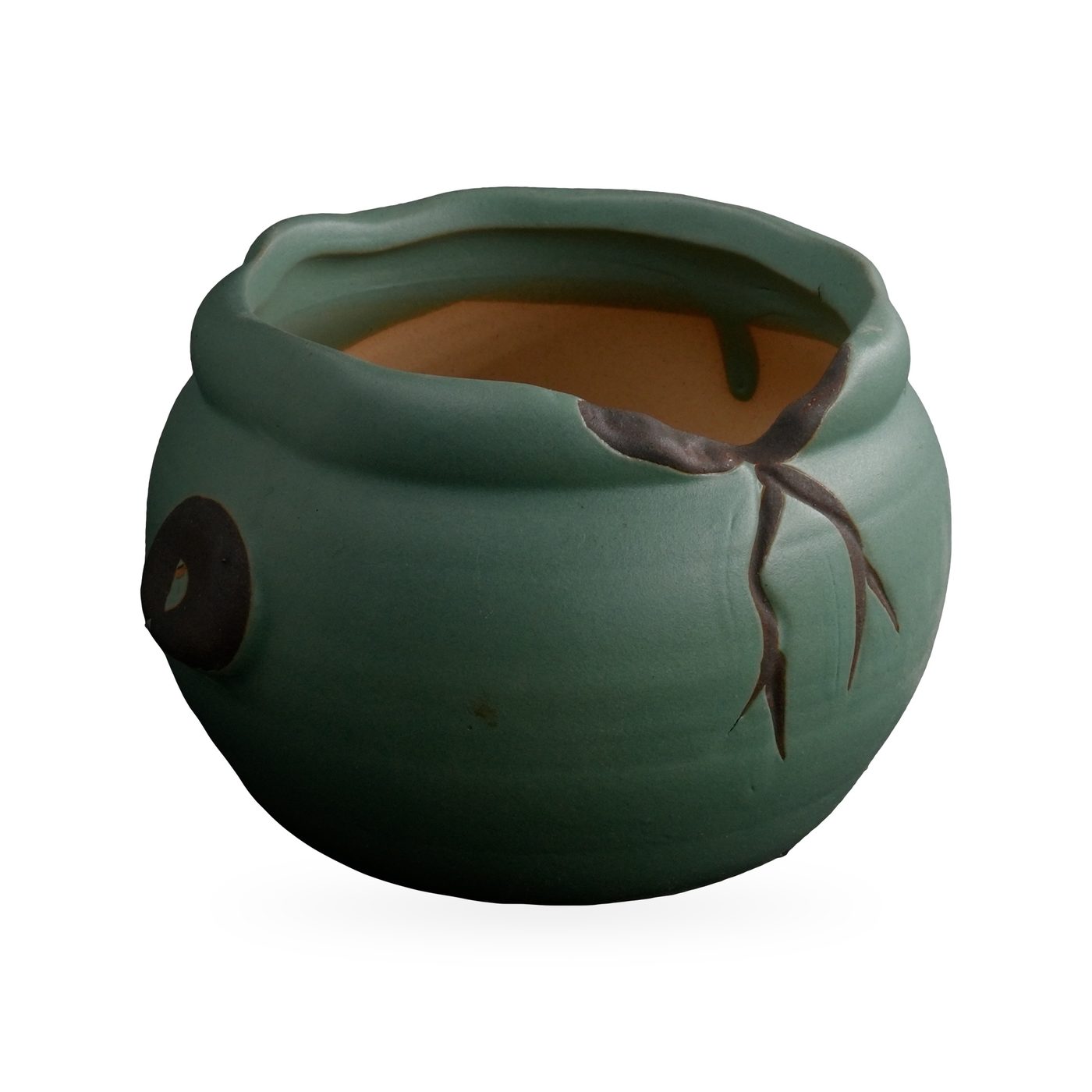 Round matte teal glazed pot with raised dark brown branch relief and side lug knobs – view 2