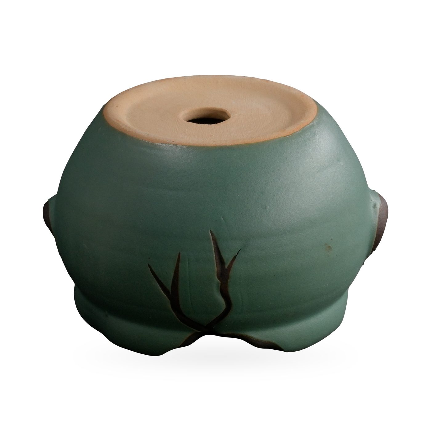 Round matte teal glazed pot with raised dark brown branch relief and side lug knobs – view 3
