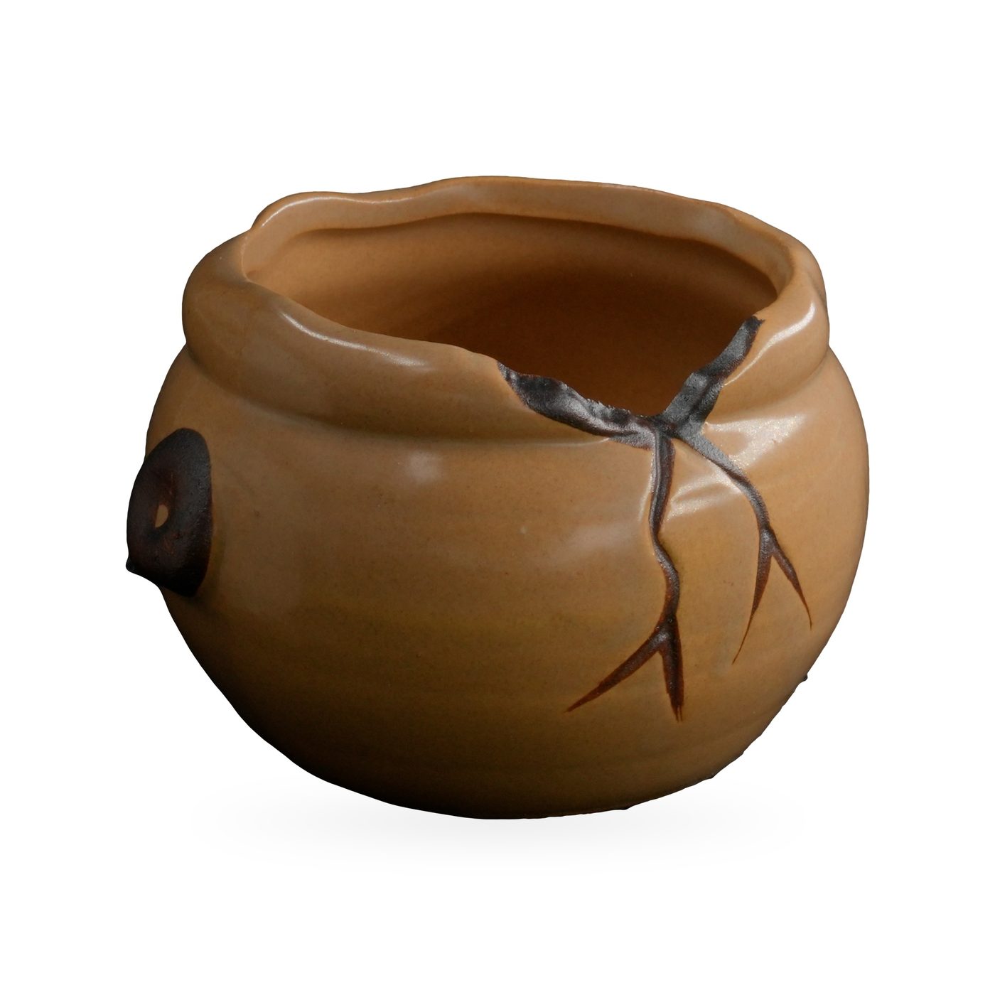 Small round caramel glazed pot with dark brown branch relief and side lugs – view 2
