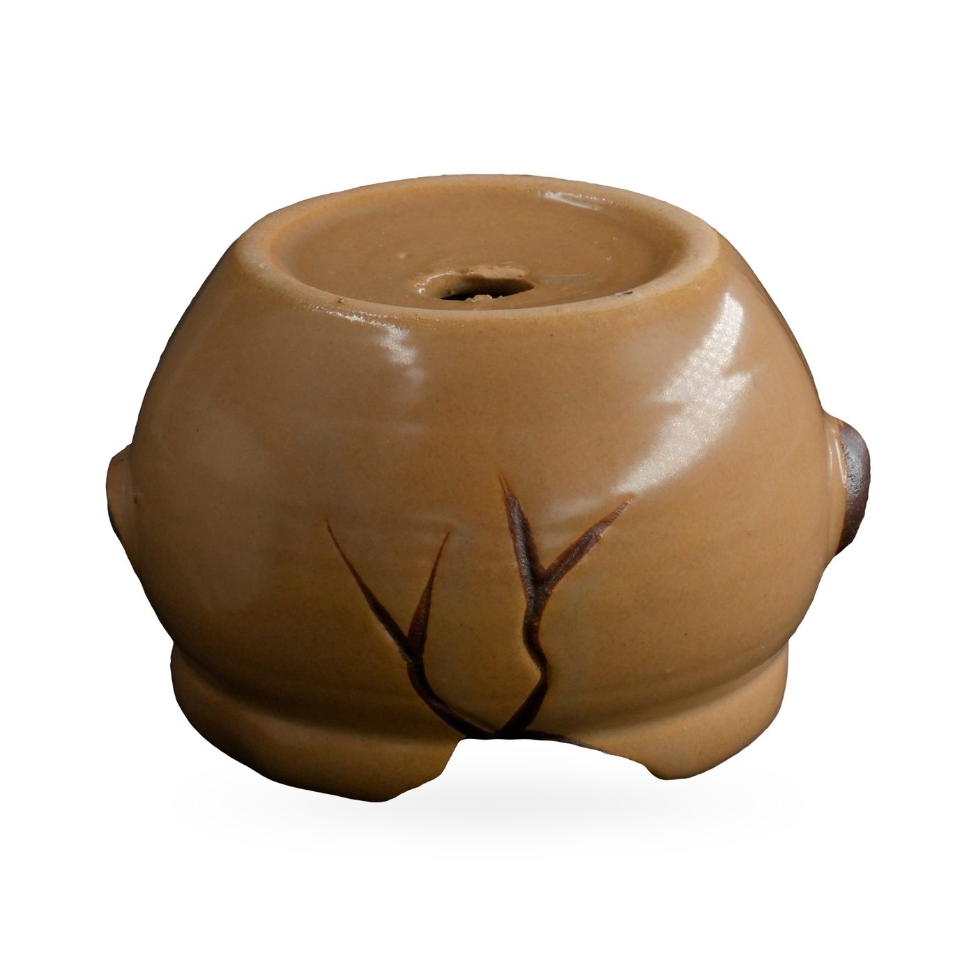 Small round caramel glazed pot with dark brown branch relief and side lugs – view 3