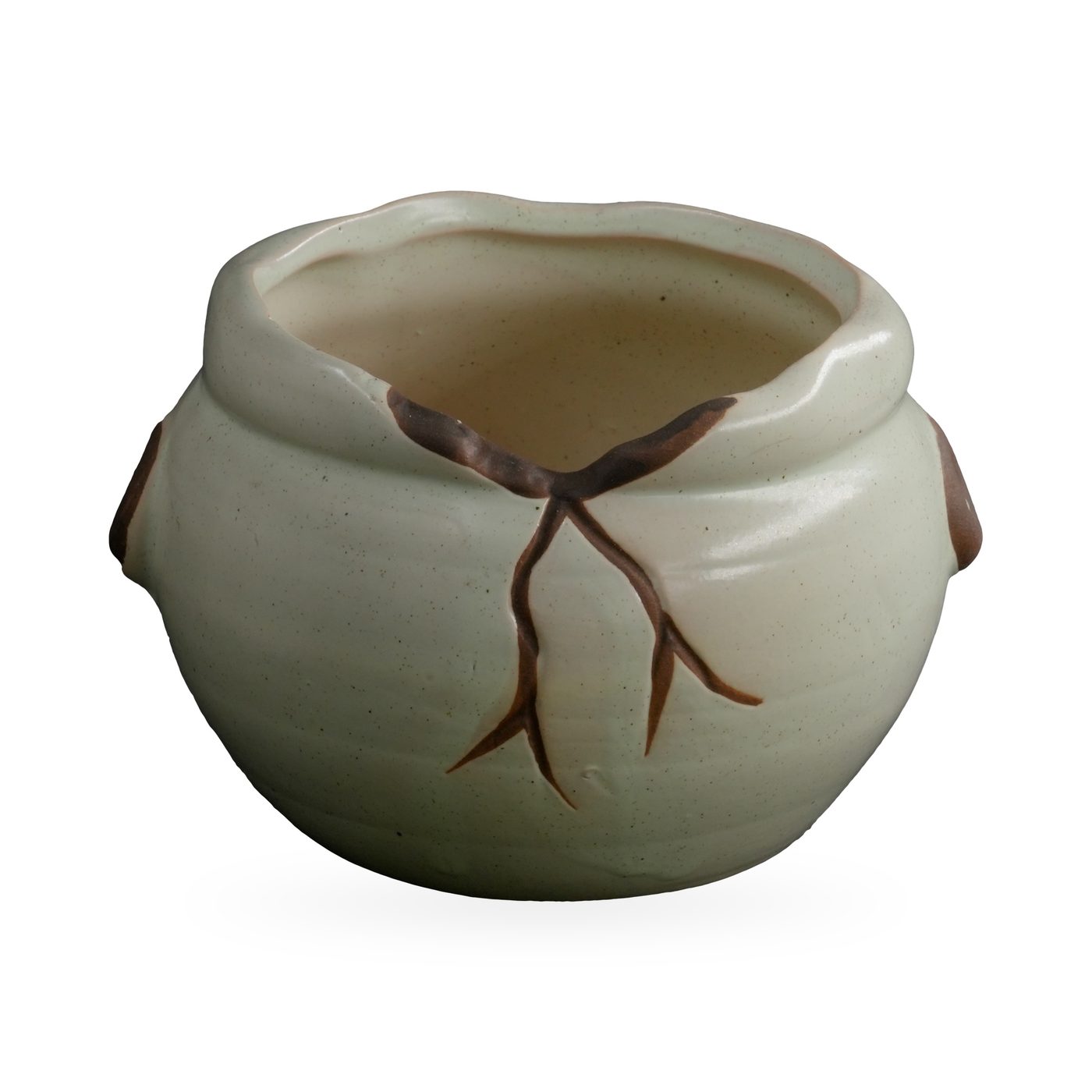 Small round cream glazed pot with dark brown branch relief and side lugs