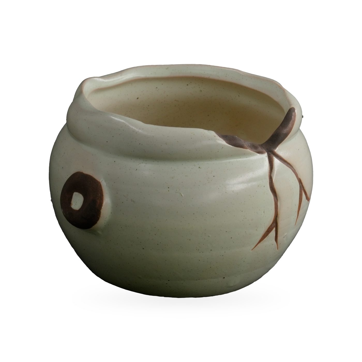Small round cream glazed pot with dark brown branch relief and side lugs – view 2