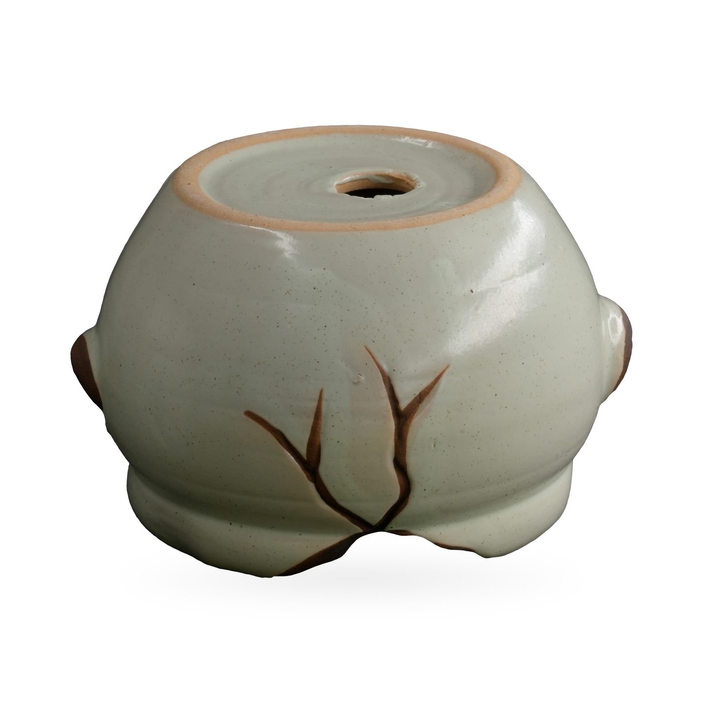 Small round cream glazed pot with dark brown branch relief and side lugs – view 3