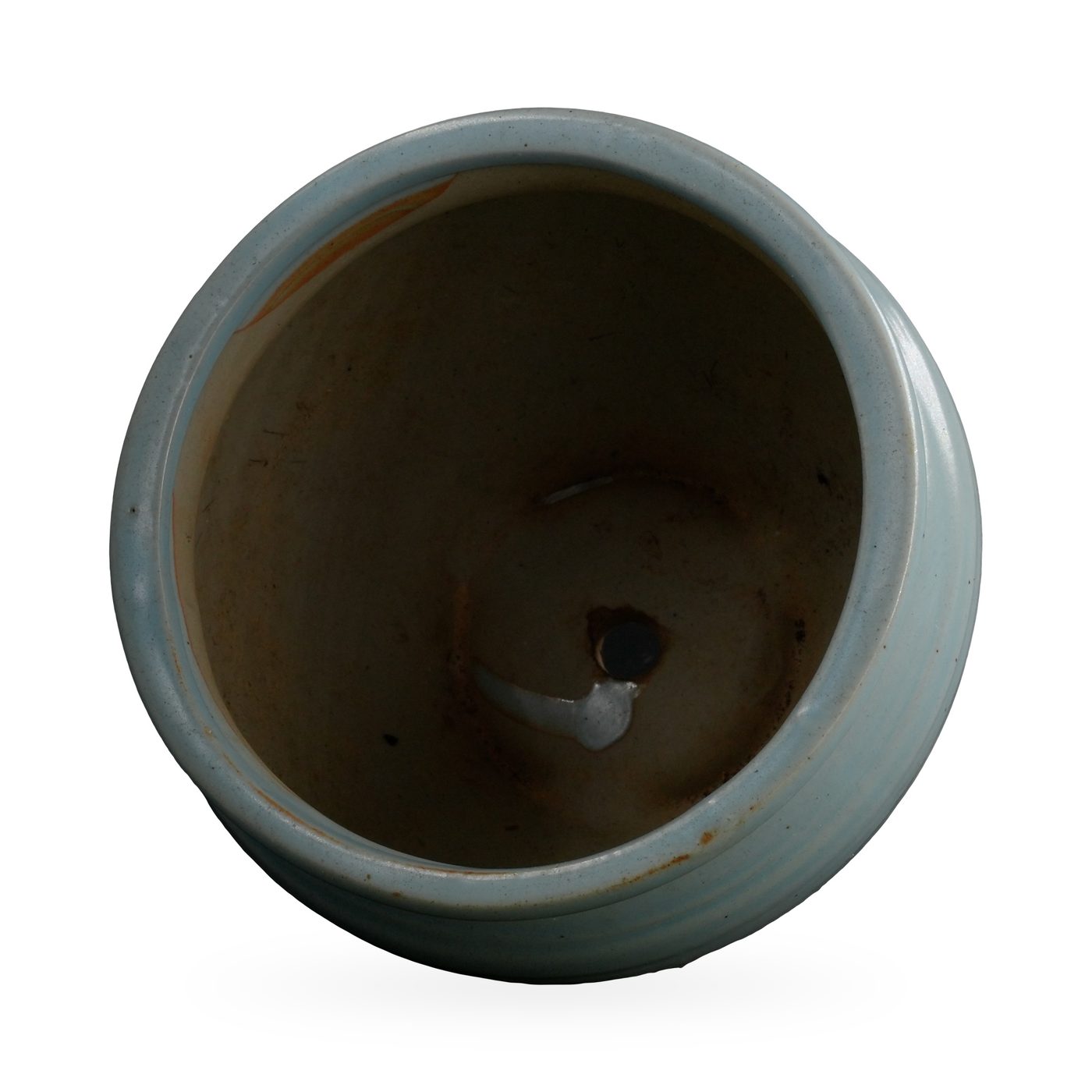 Pale blue ribbed glazed pot with rolled rim on small dark brown feet – view 3
