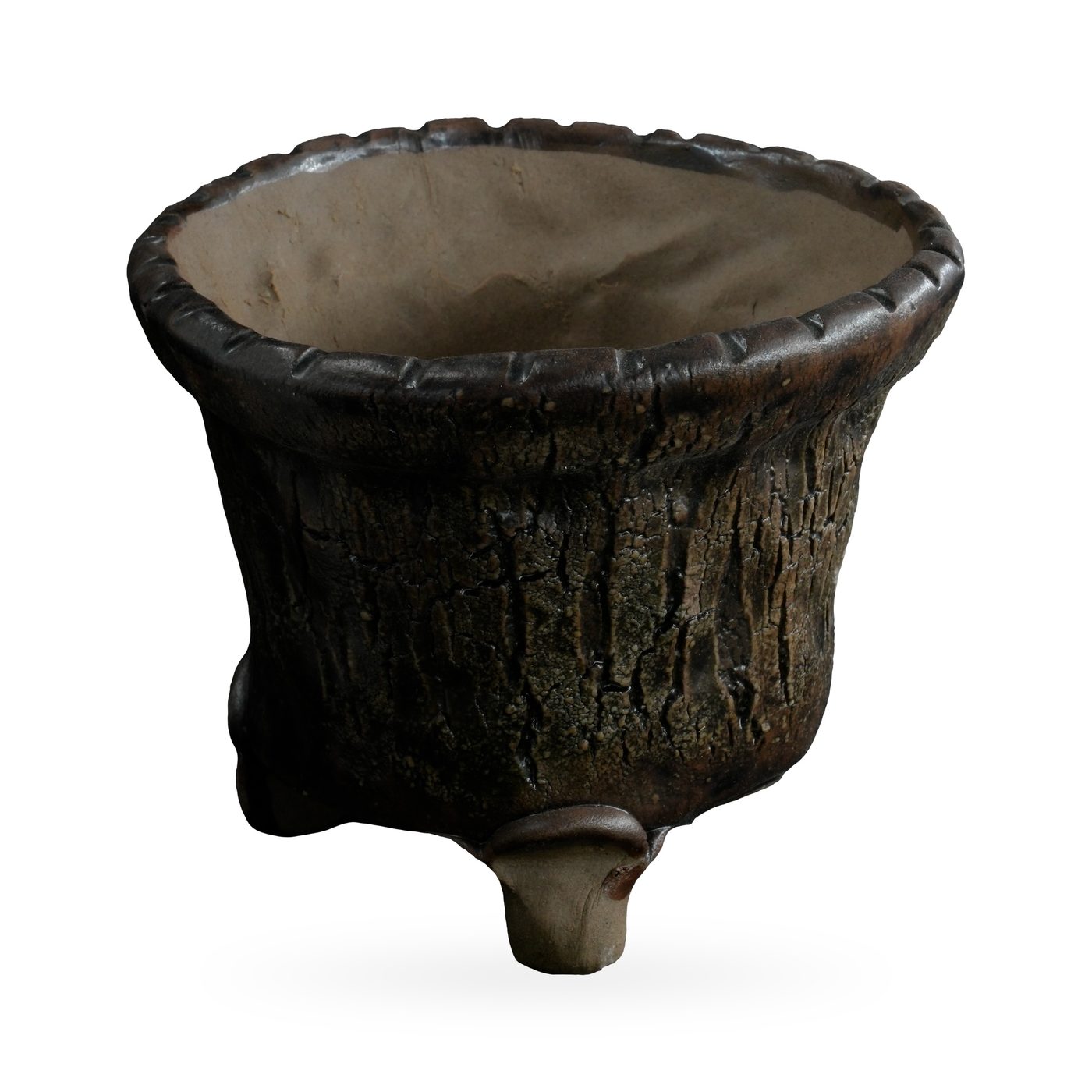 Tapered dark brown bark-texture pot with scalloped rim on small scrolled feet – view 2