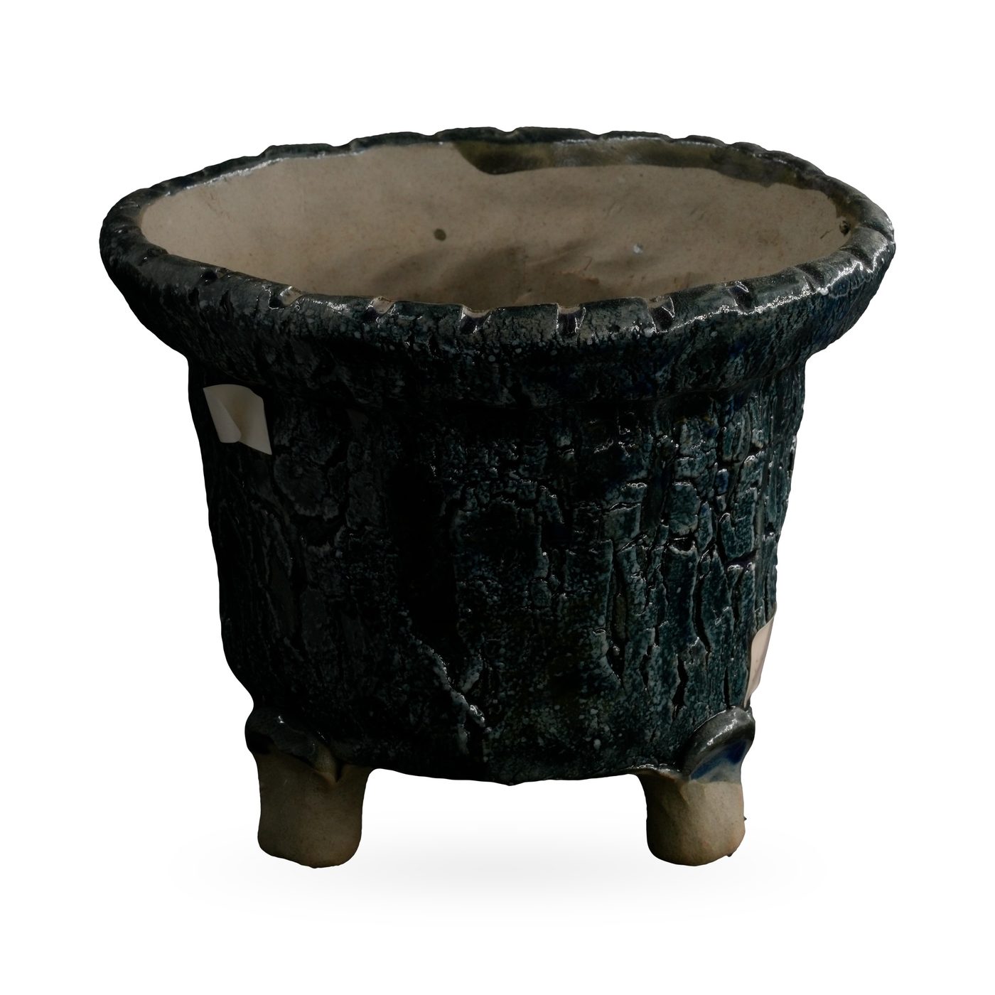 Tapered blue-black crackle glaze pot with scalloped rim on small stone-coloured feet – view 2
