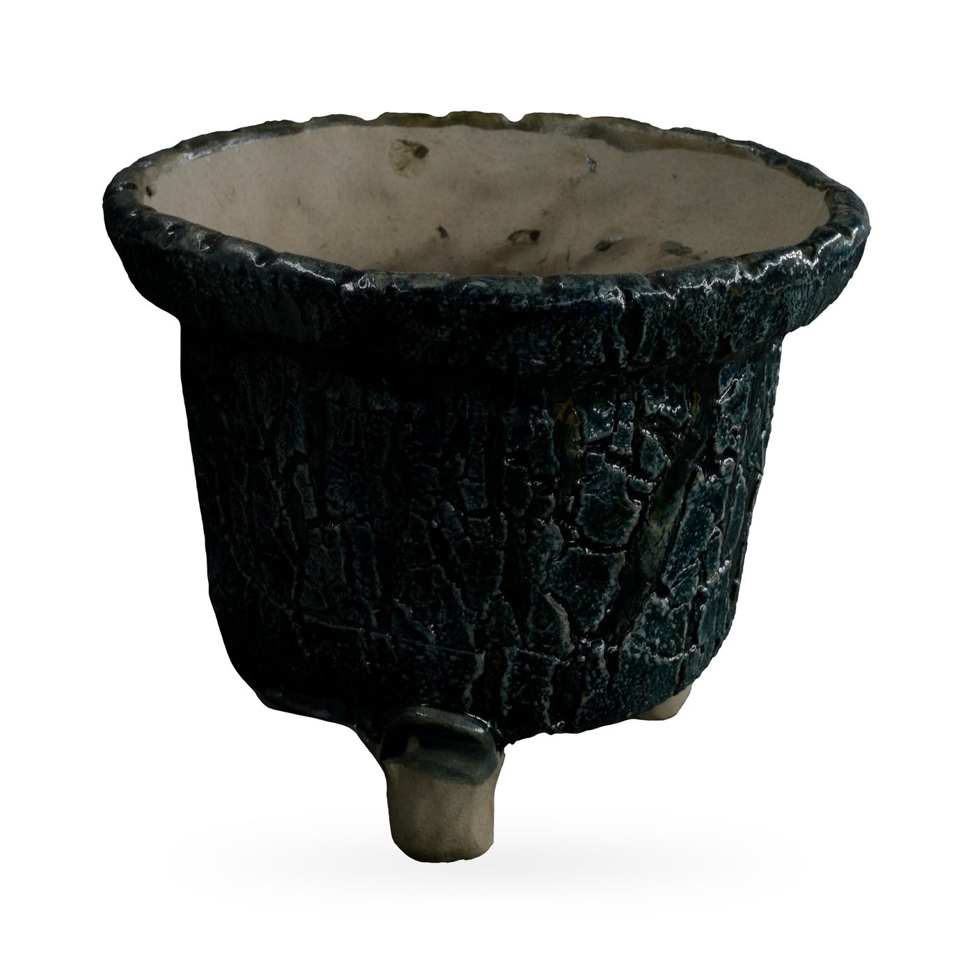 Tapered blue-black crackle glaze pot with scalloped rim on small stone-coloured feet