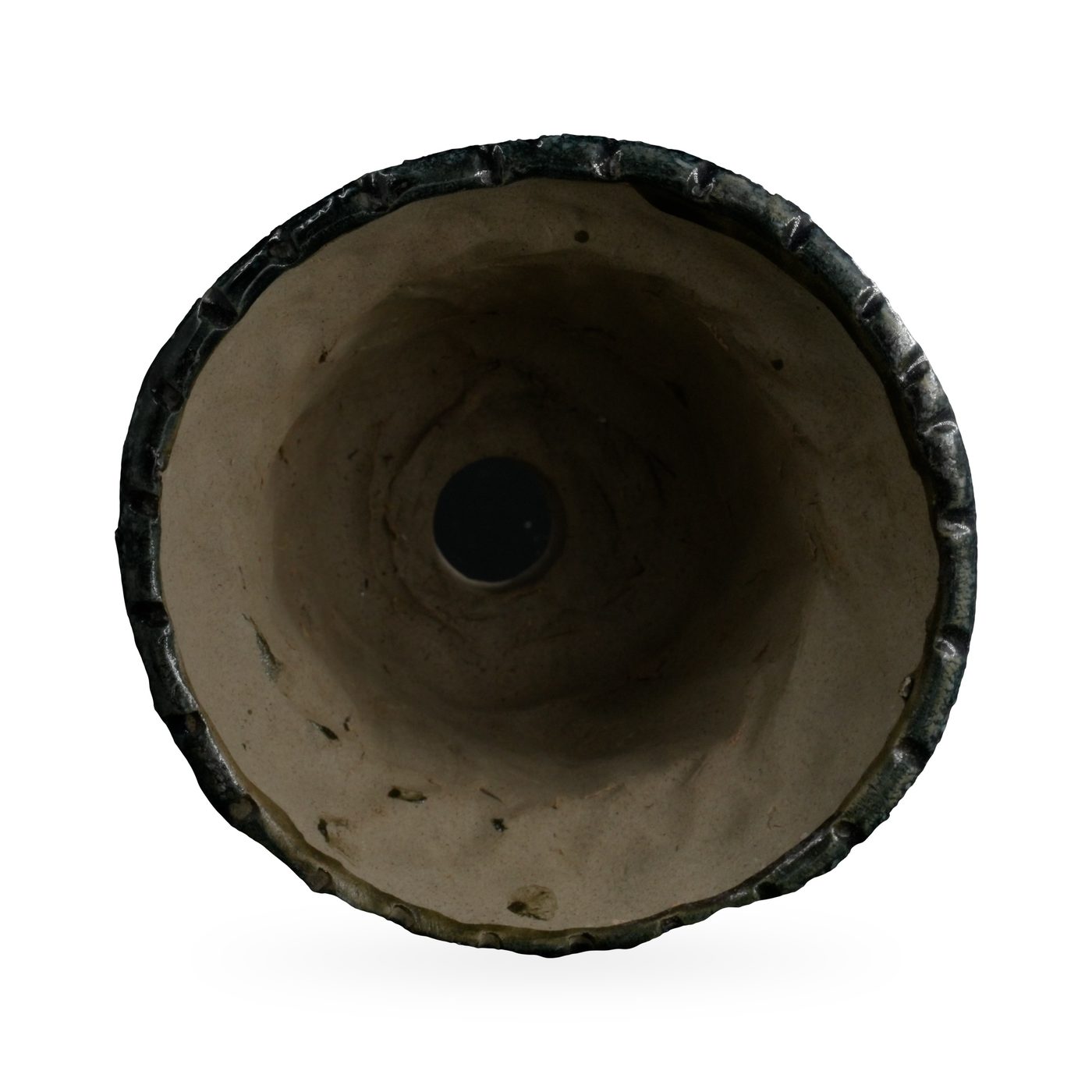 Tapered blue-black crackle glaze pot with scalloped rim on small stone-coloured feet – view 3