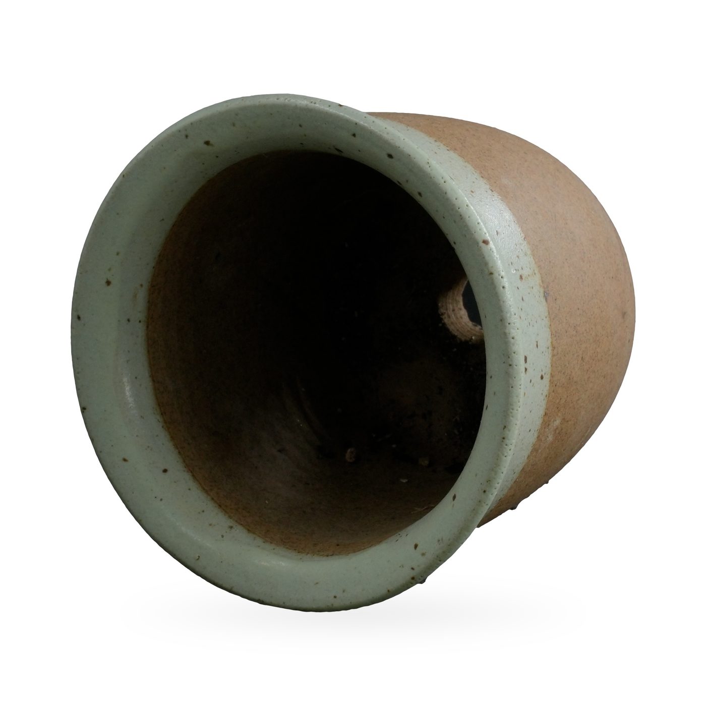 Cup-shaped pot with speckled sage-green glaze band over raw brown clay – view 3