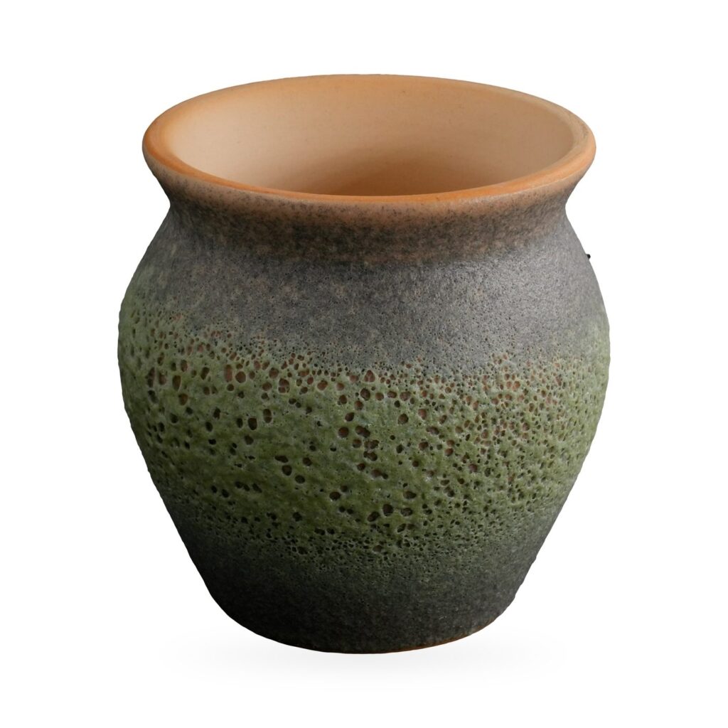 Small vase-shaped pot with pitted moss-green lava glaze and terracotta-orange rim