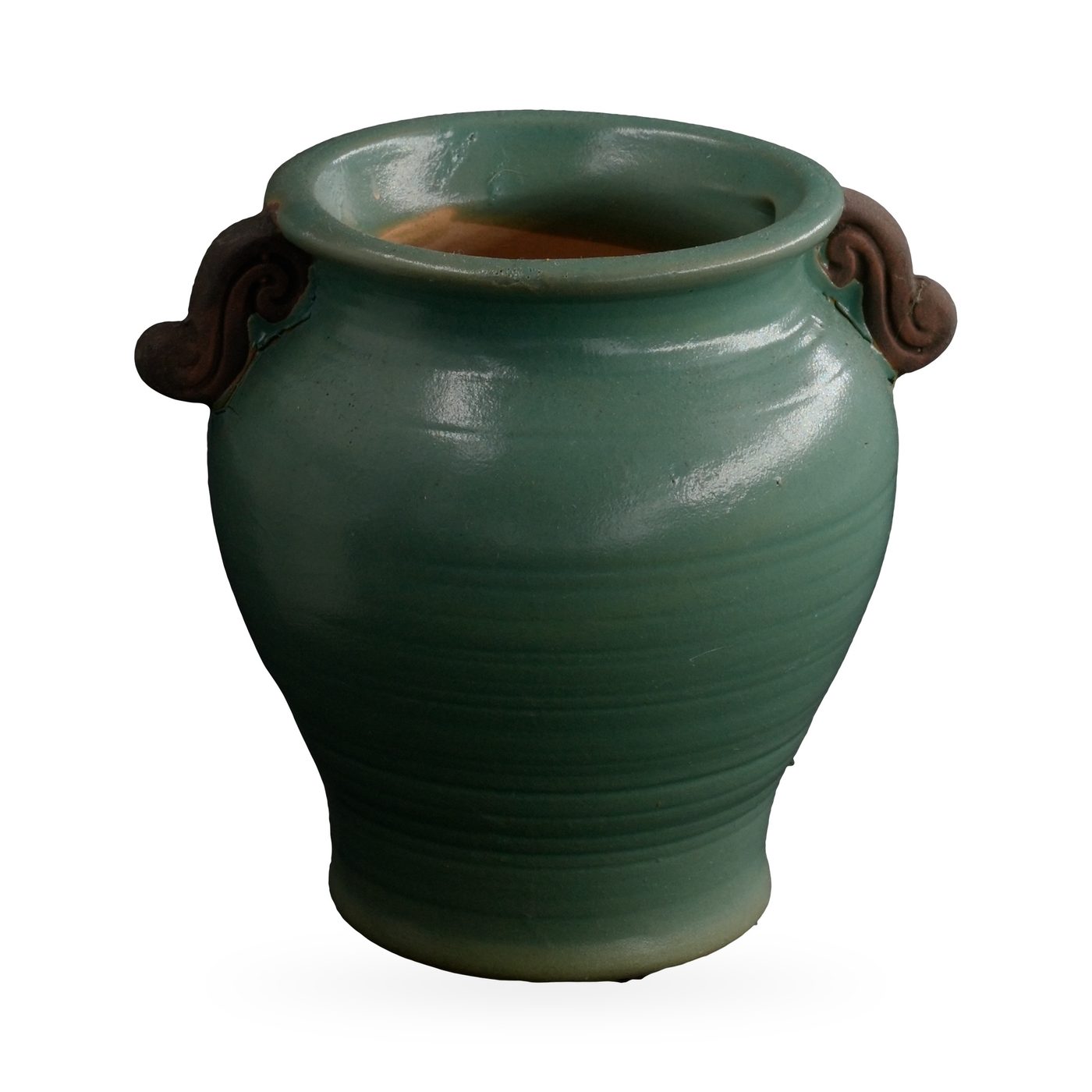 Teal-green glazed urn-shaped pot with rolled rim and two dark brown scroll handles