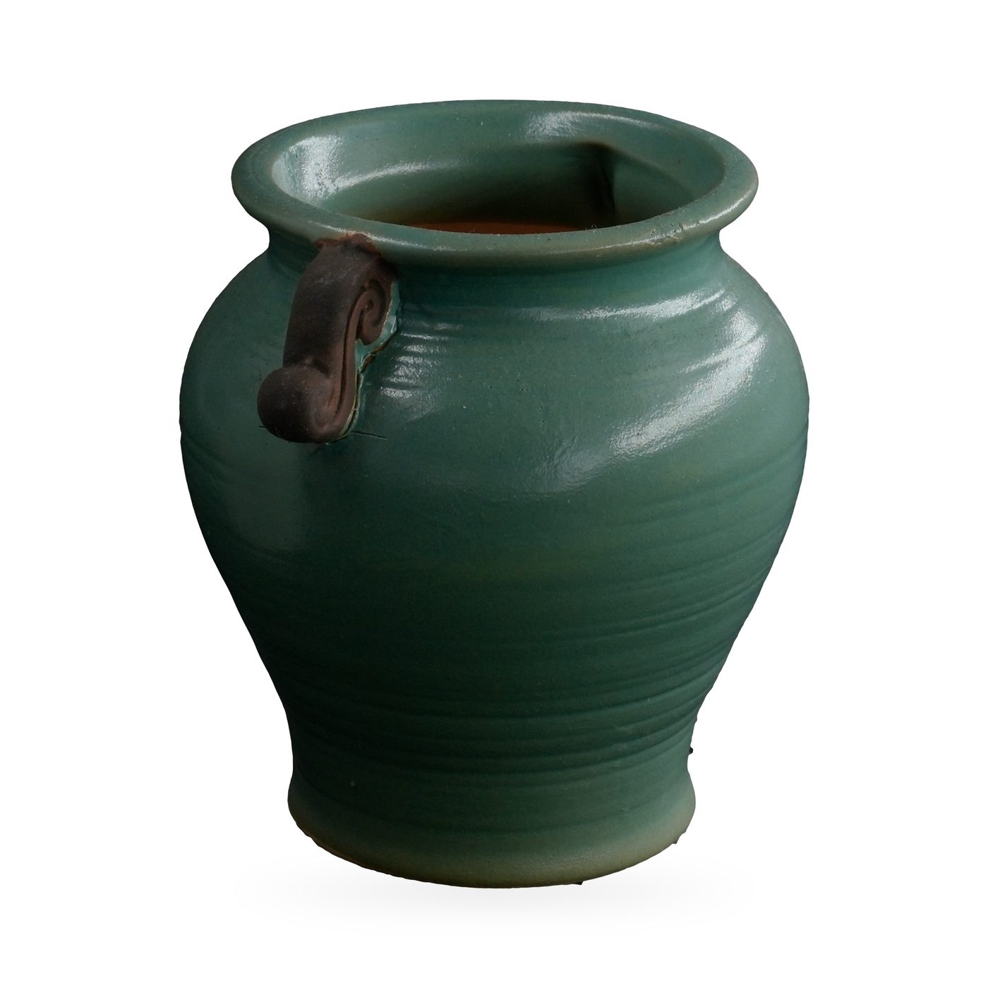Teal-green glazed urn-shaped pot with rolled rim and two dark brown scroll handles – view 2