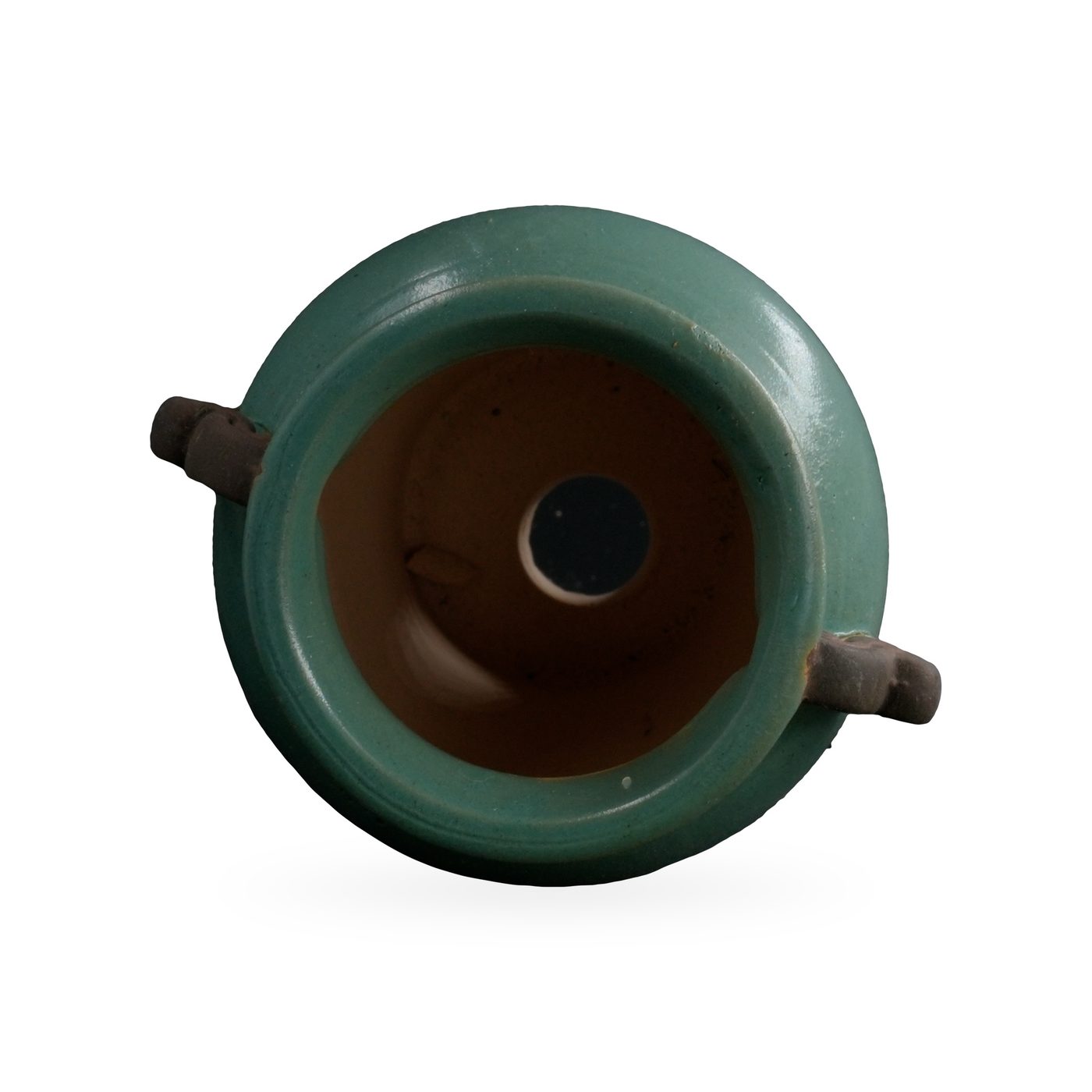 Teal-green glazed urn-shaped pot with rolled rim and two dark brown scroll handles – view 3