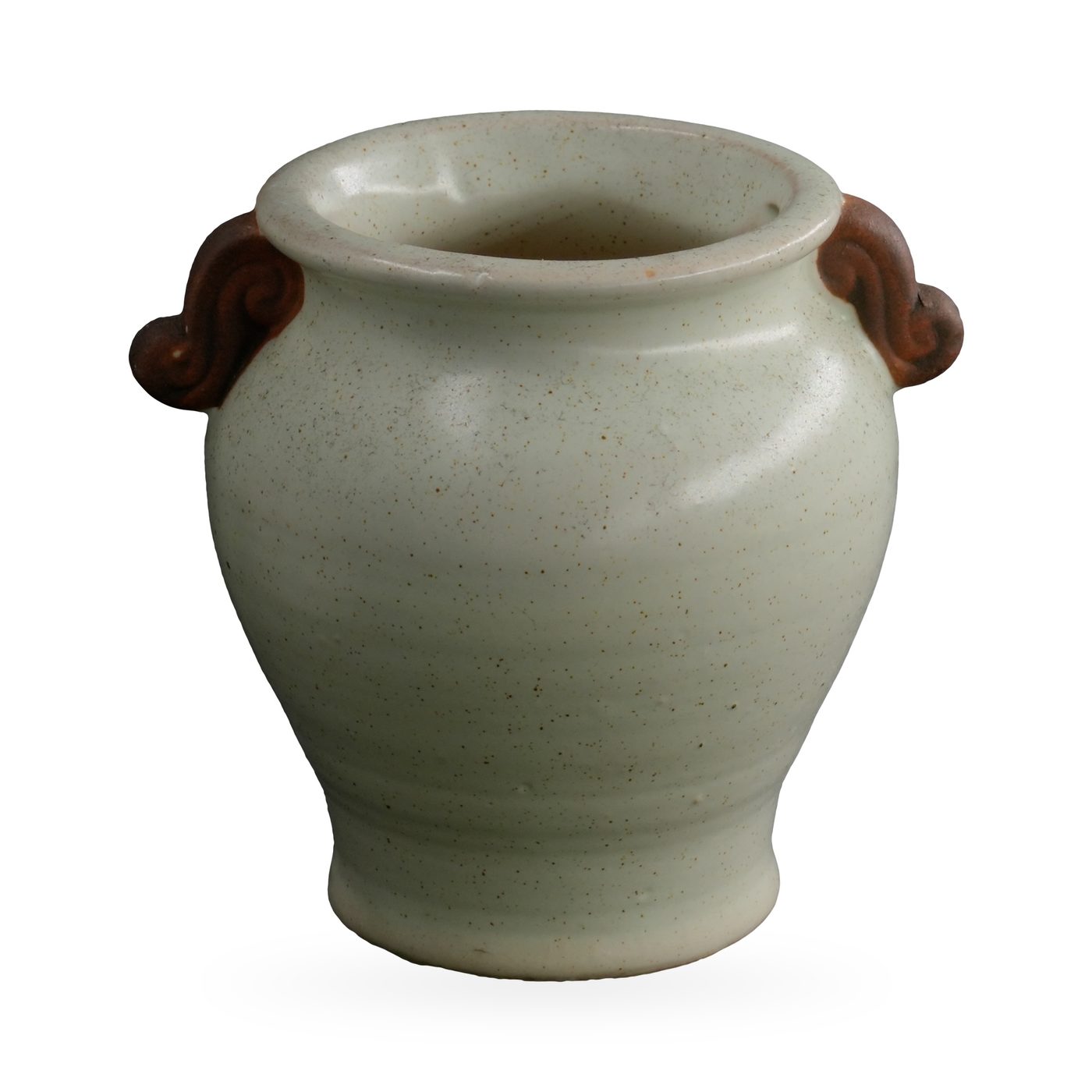 Pale sage speckled glazed urn pot with rolled rim and two rust-brown scroll handles