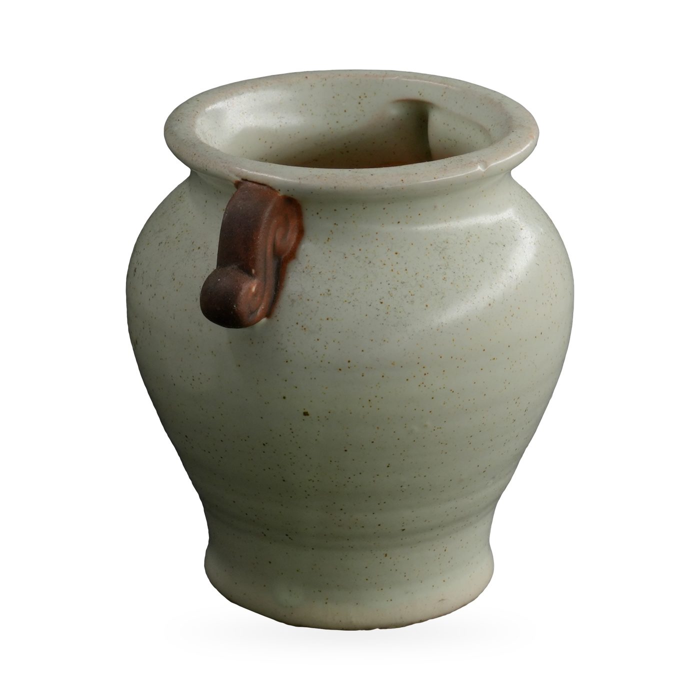 Pale sage speckled glazed urn pot with rolled rim and two rust-brown scroll handles – view 2