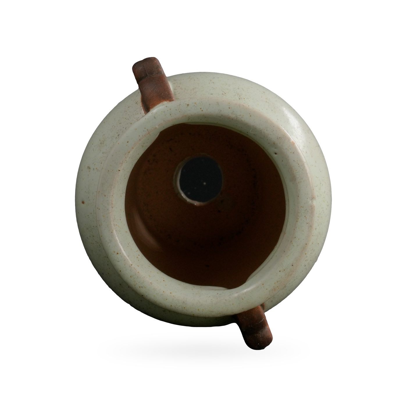 Pale sage speckled glazed urn pot with rolled rim and two rust-brown scroll handles – view 3
