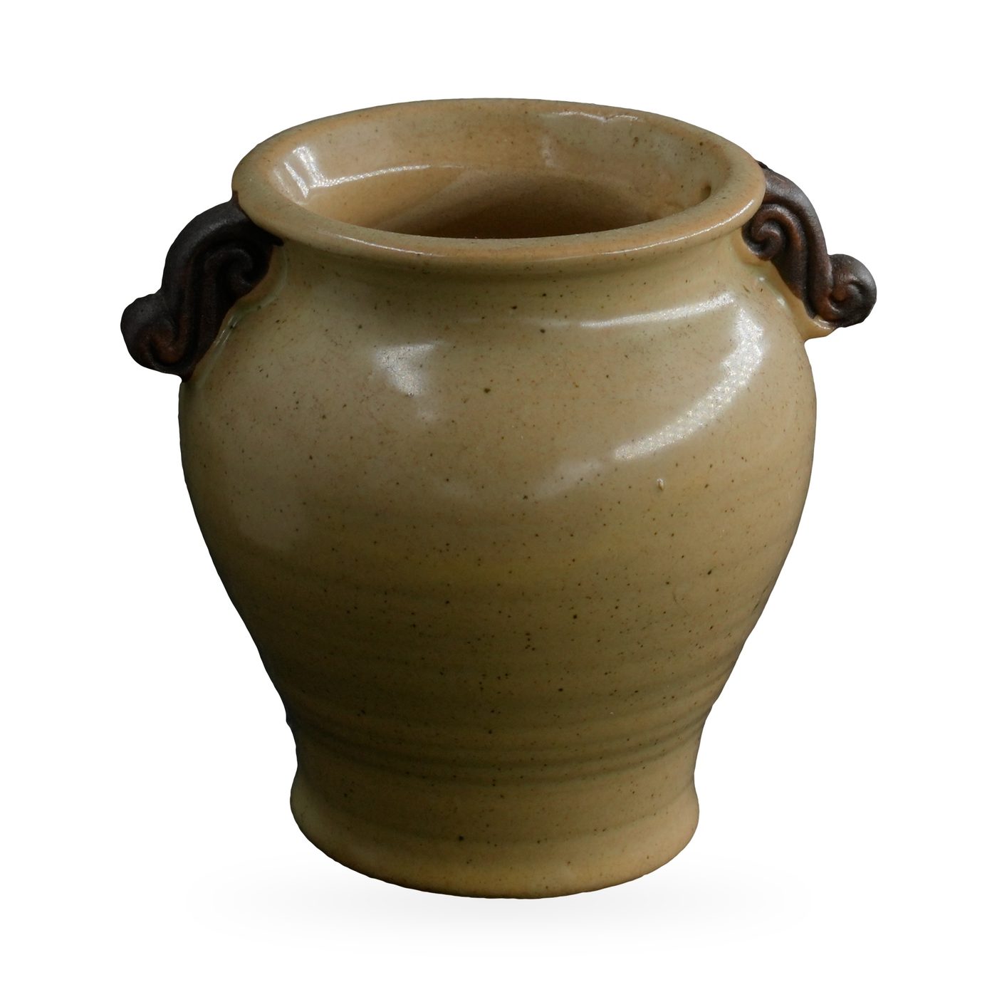 Sandy tan speckled glazed urn pot with rolled rim and two dark brown scroll handles