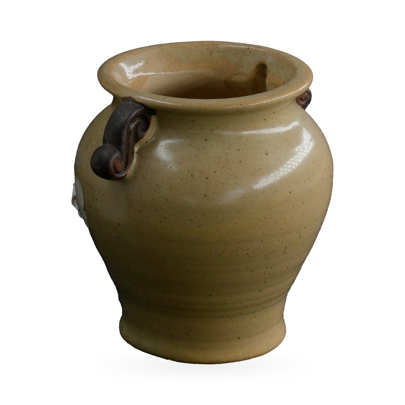 Sandy tan speckled glazed urn pot with rolled rim and two dark brown scroll handles – view 2