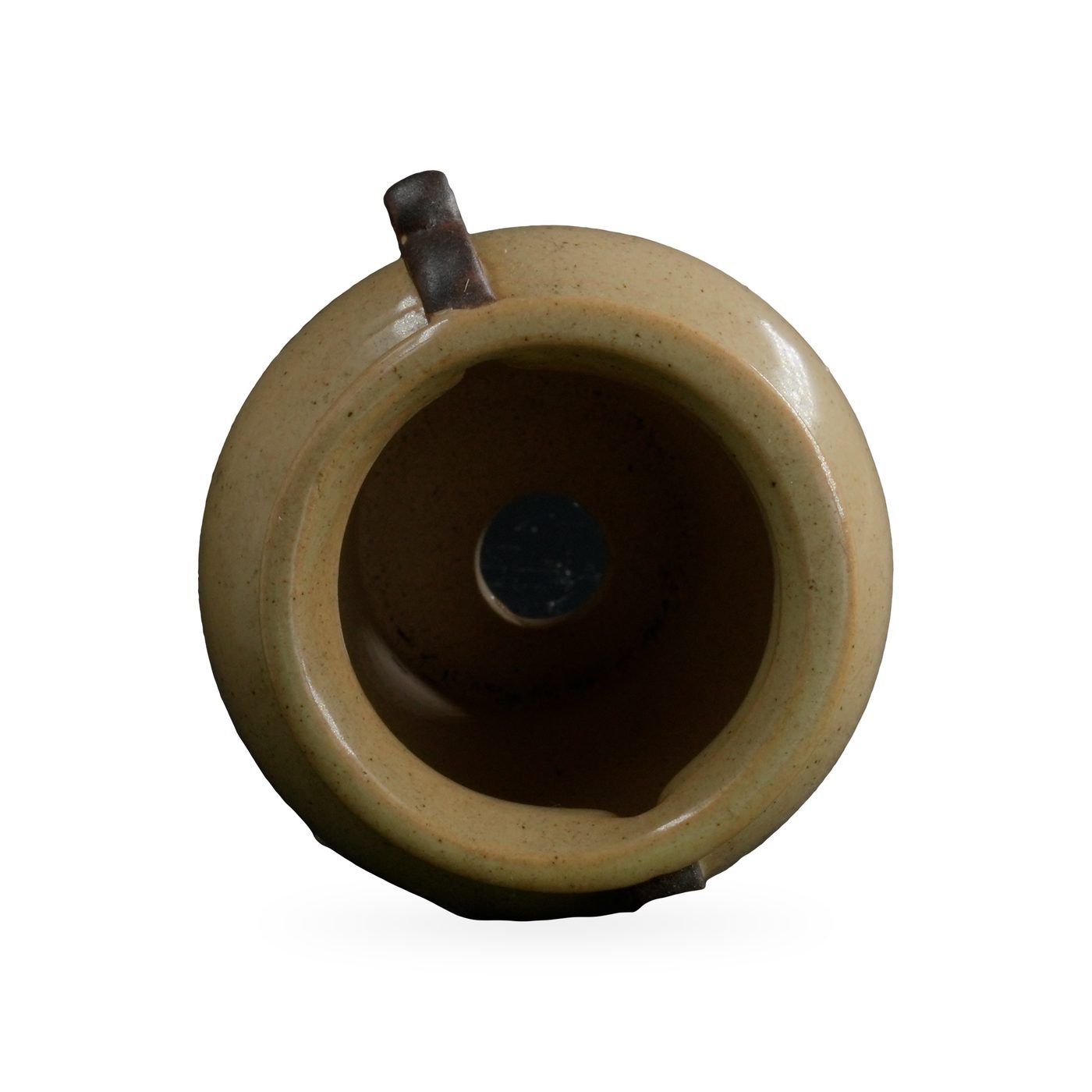 Sandy tan speckled glazed urn pot with rolled rim and two dark brown scroll handles – view 3