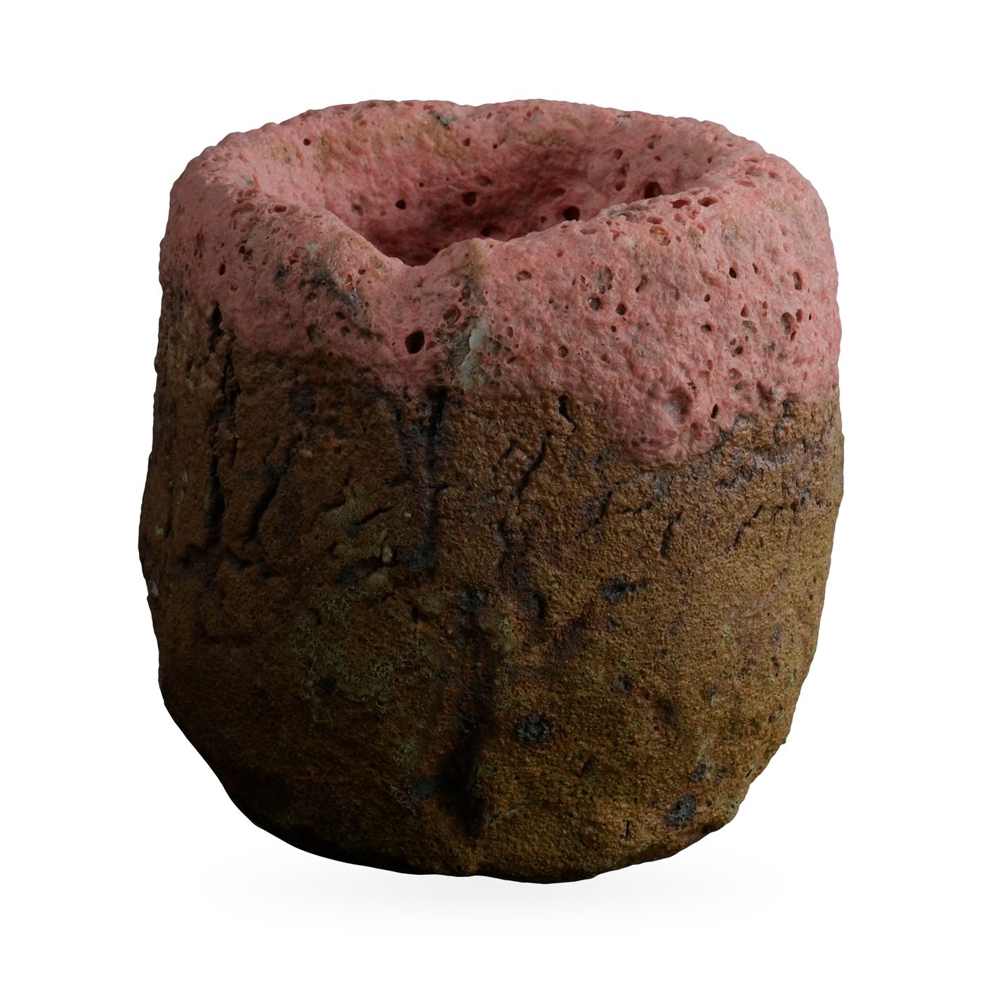 Two-tone cylinder pot with pitted coral-pink top and rough brown textured base, 7×6.5cm