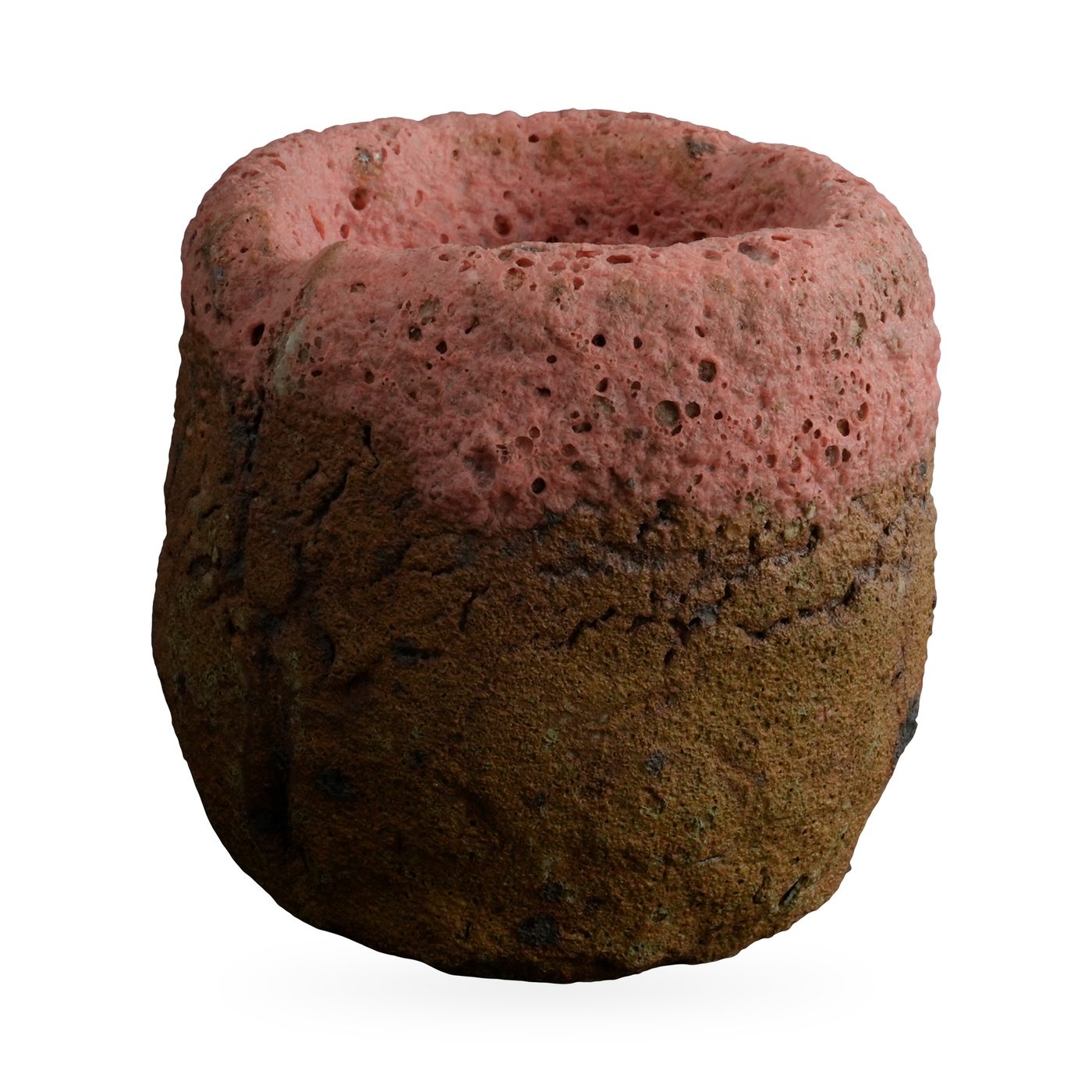 Two-tone cylinder pot with pitted coral-pink top and rough brown textured base, 7×6.5cm – view 2