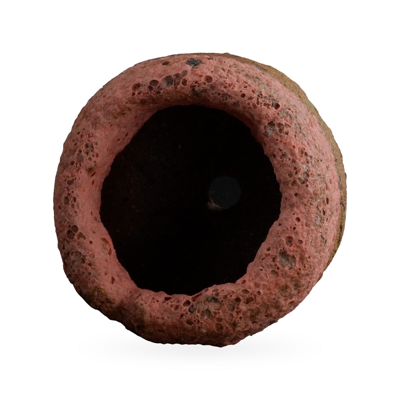 Two-tone cylinder pot with pitted coral-pink top and rough brown textured base, 7×6.5cm – view 3