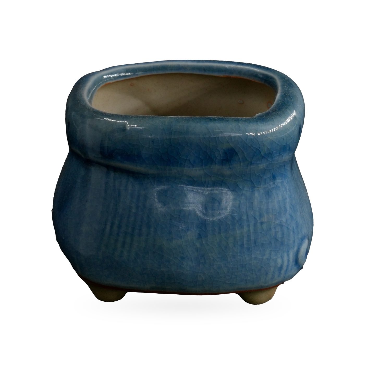 Denim-blue crackle-glazed sack-shaped pot with folded rim band and small feet, 8×6cm