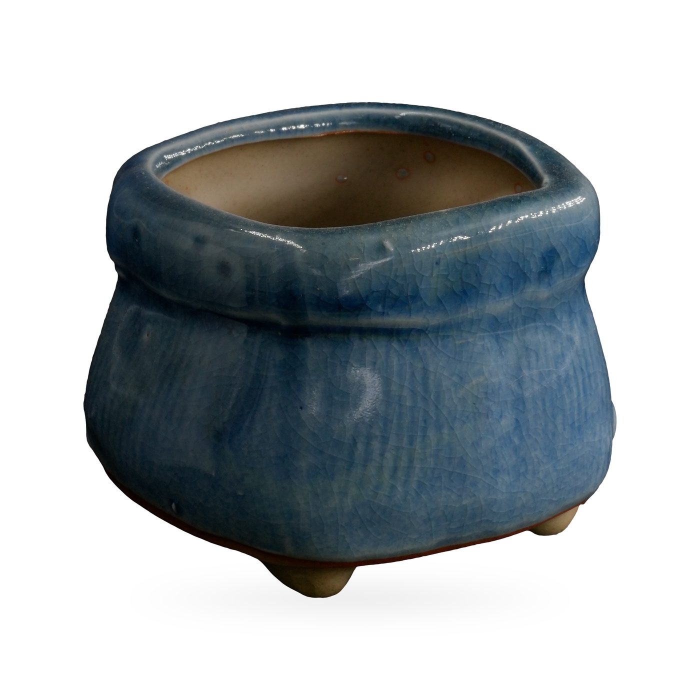Denim-blue crackle-glazed sack-shaped pot with folded rim band and small feet, 8×6cm – view 2