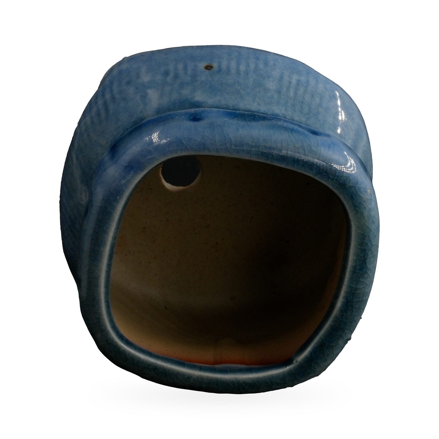 Denim-blue crackle-glazed sack-shaped pot with folded rim band and small feet, 8×6cm – view 3