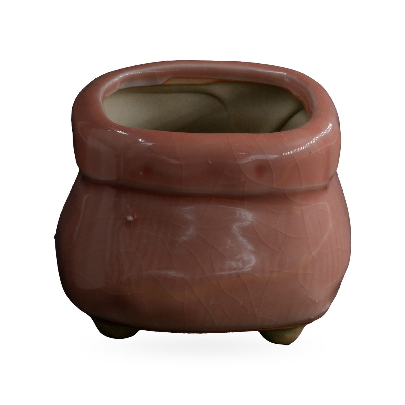 Dusty-pink crackle-glazed sack-shaped pot with folded rim band and small feet, 8×6cm