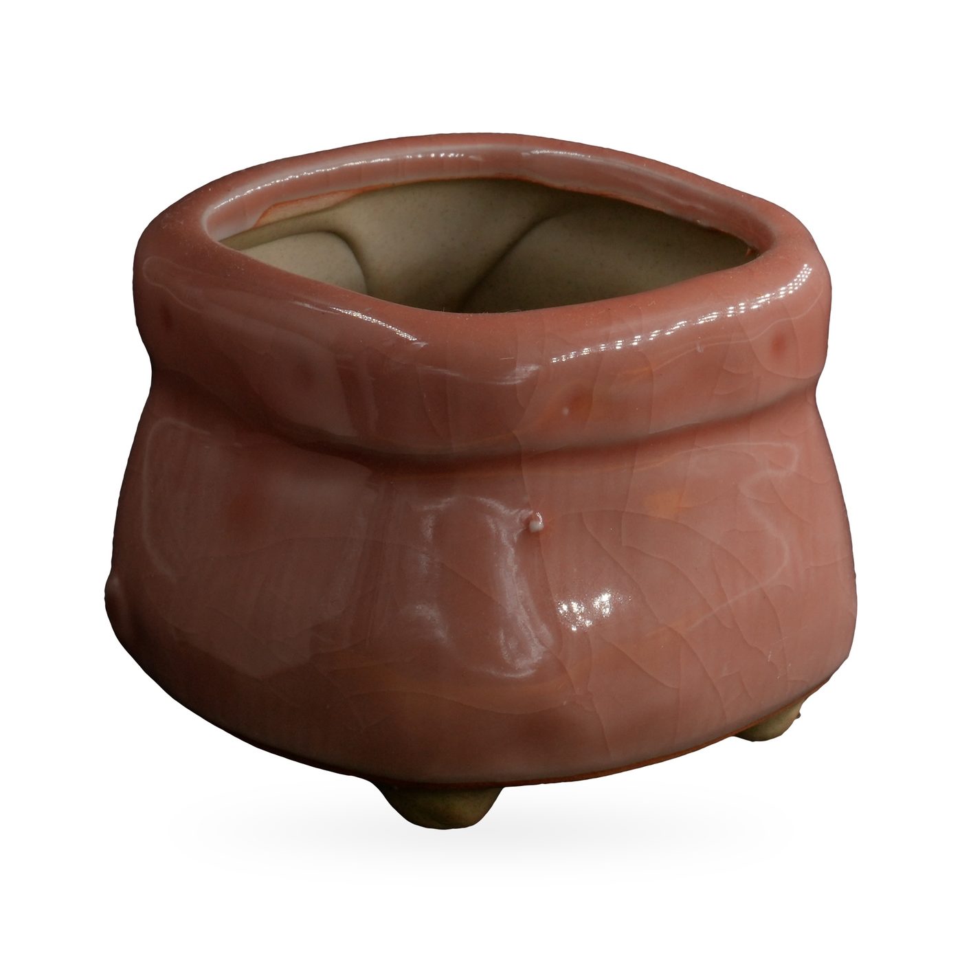 Dusty-pink crackle-glazed sack-shaped pot with folded rim band and small feet, 8×6cm – view 2